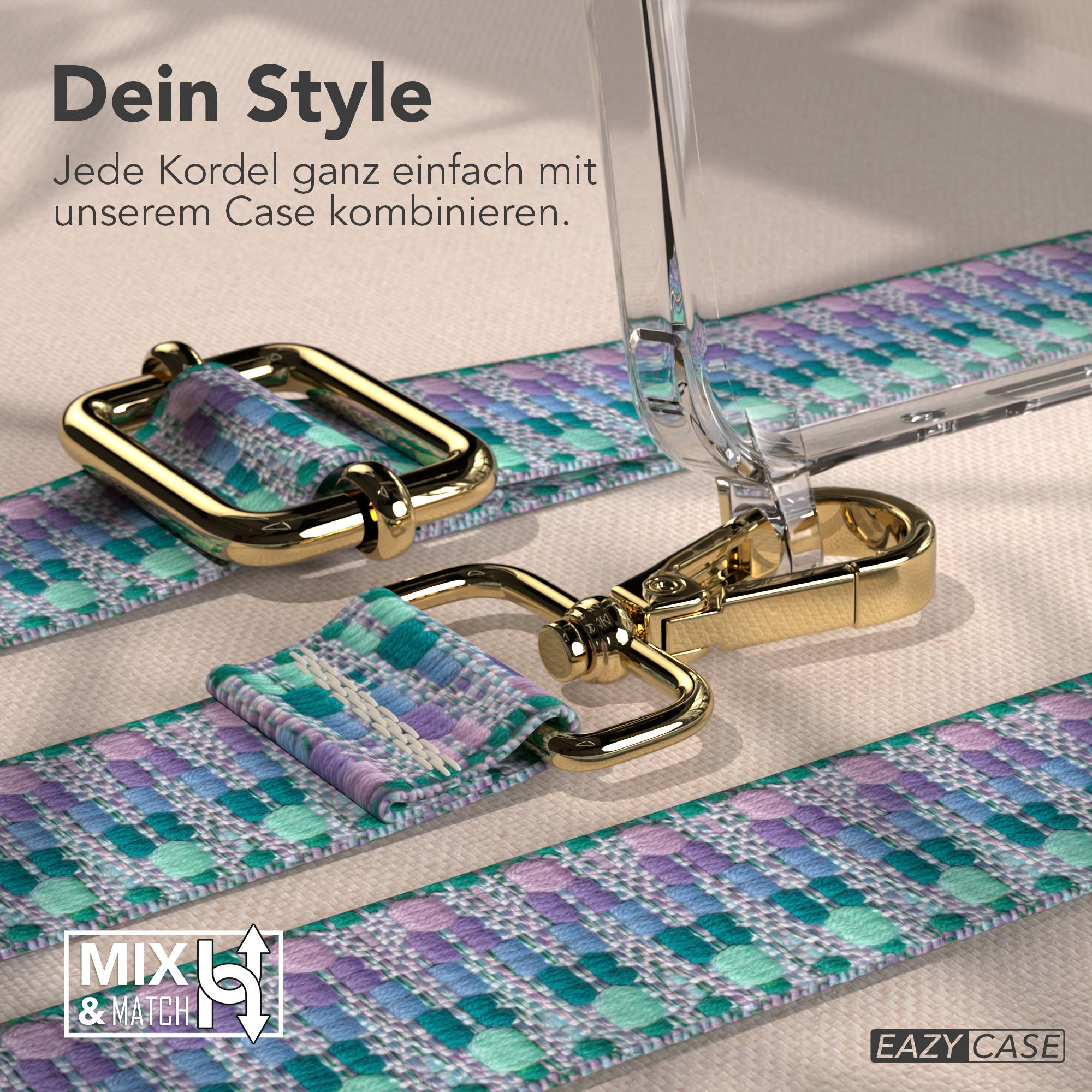 Ein Handyband mit goldenen Beschlägen und einem bunten Muster auf einem cremefarbenen Hintergrund.