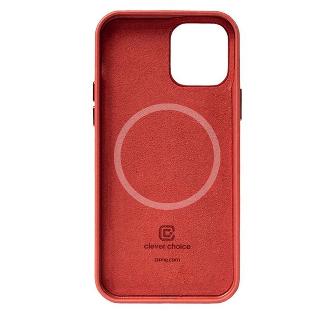Custodia rossa per telefono con motivo magnetico circolare e logo del marchio all'interno.