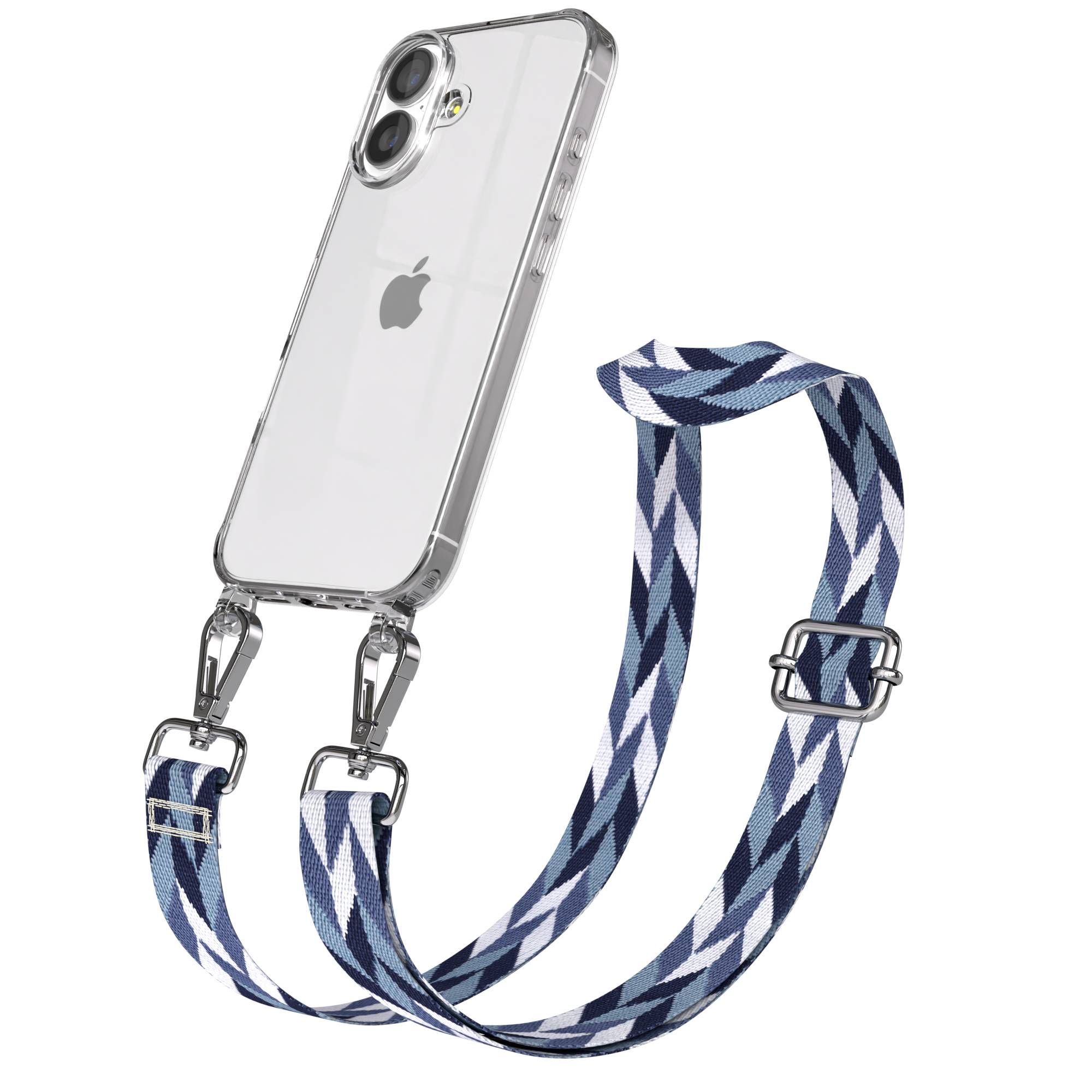 Ein transparentes iPhone mit einem blauen, weißen und dunkelblauen Riemen.