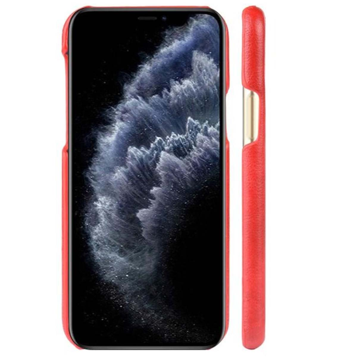 Un iPhone rosso in una custodia, mostrato frontalmente e lateralmente.