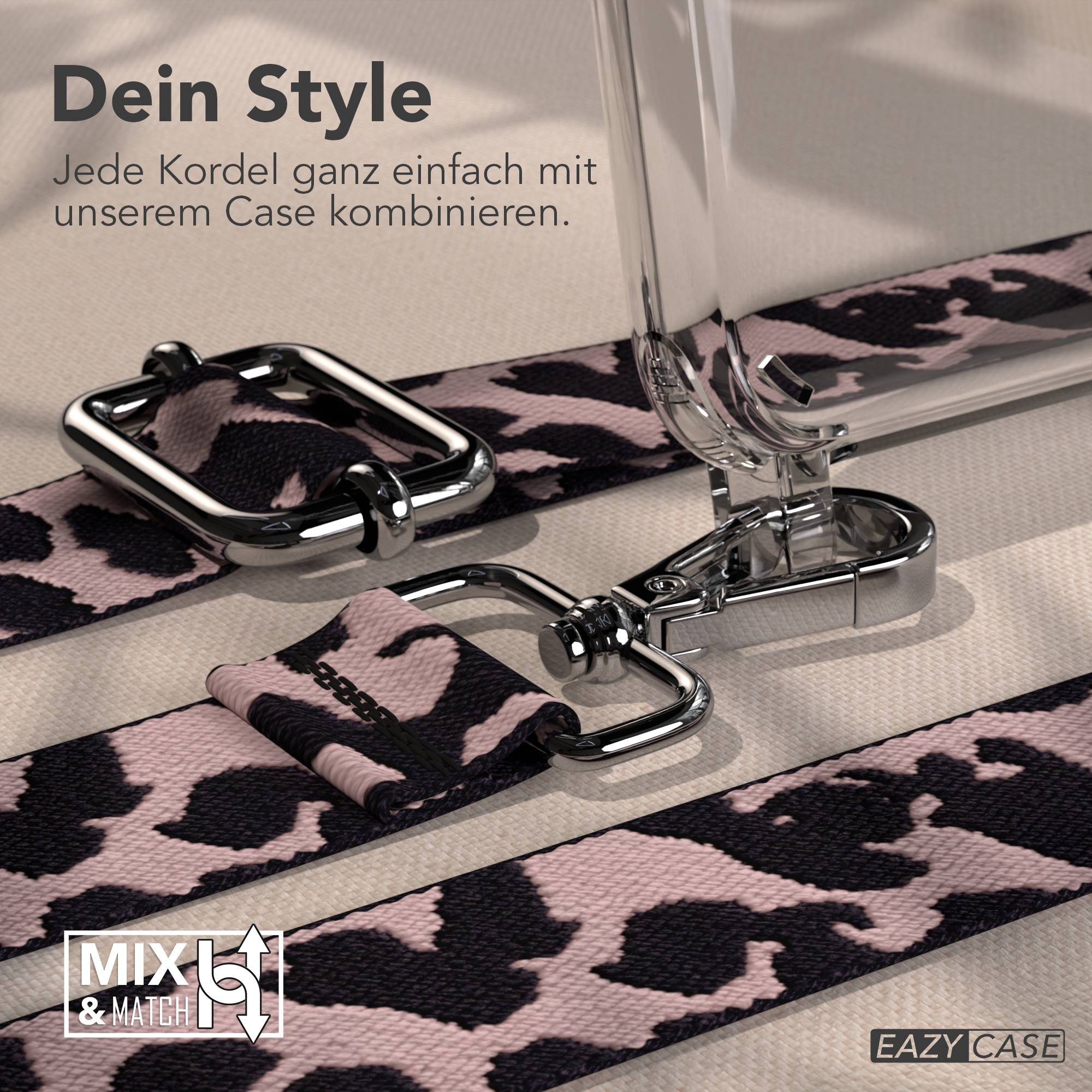 Leopardmuster-Kordel mit silbernen Karabinerhaken und einer Handyhülle.