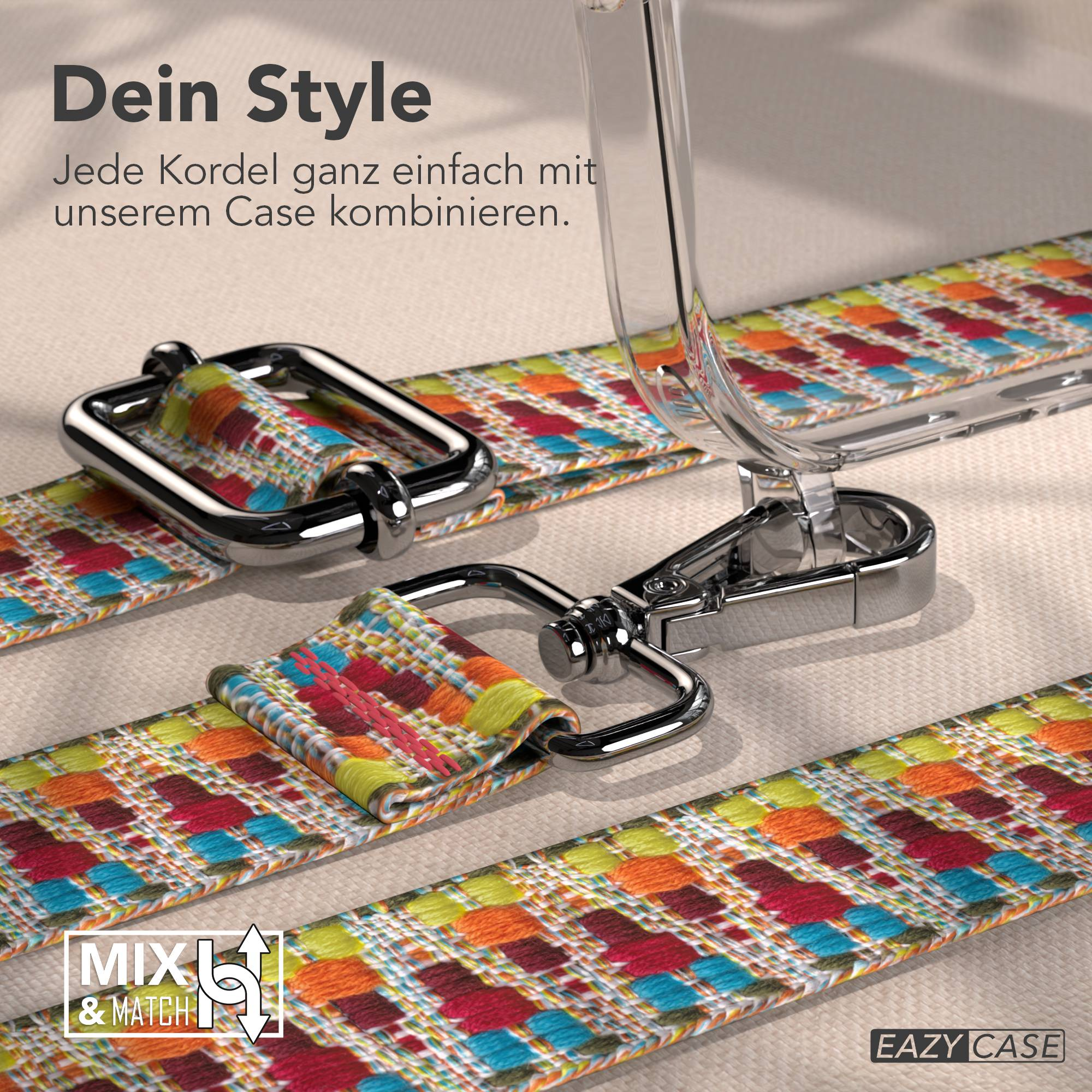 Bunte Kordel mit Metallkarabiner und transparentem Case-Detail.