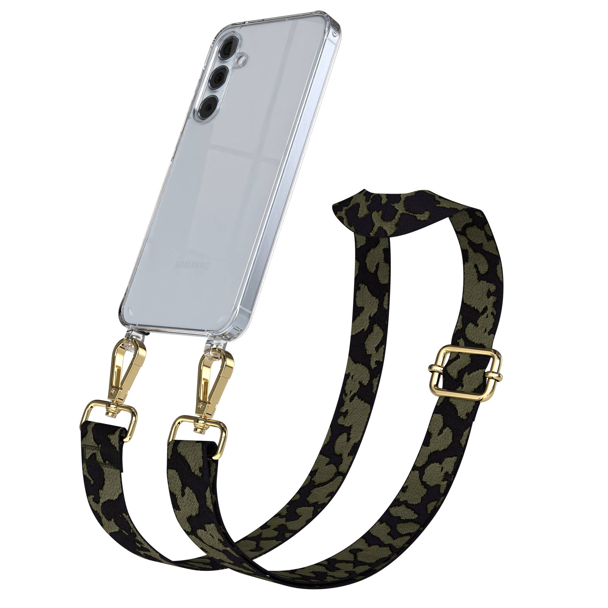 Ein durchsichtiges Handy mit einem Tarnmuster-Riemen mit goldenen Schnallen.