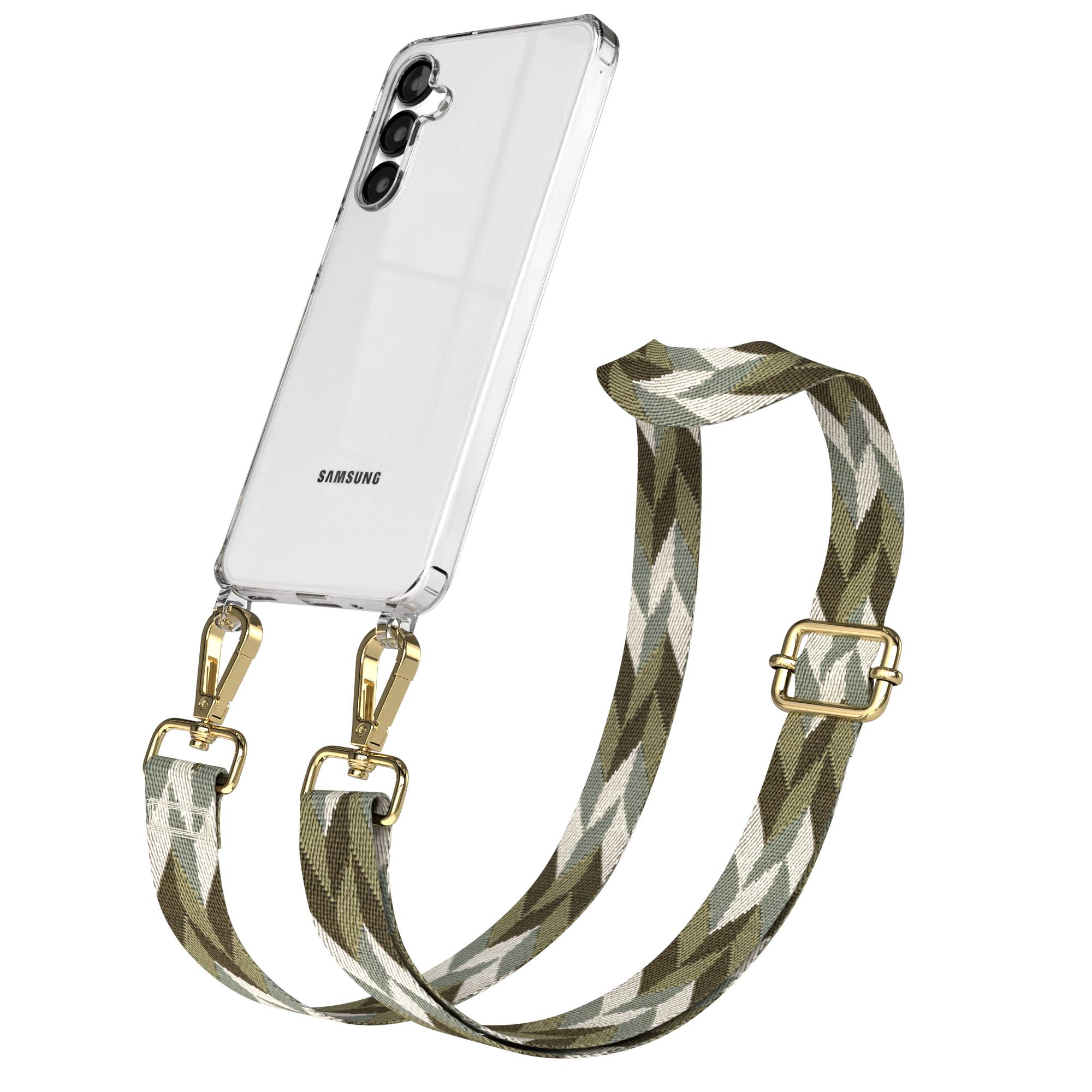 Ein Samsung-Smartphone mit einer durchsichtigen Hülle und einem Camouflage-Trageband.