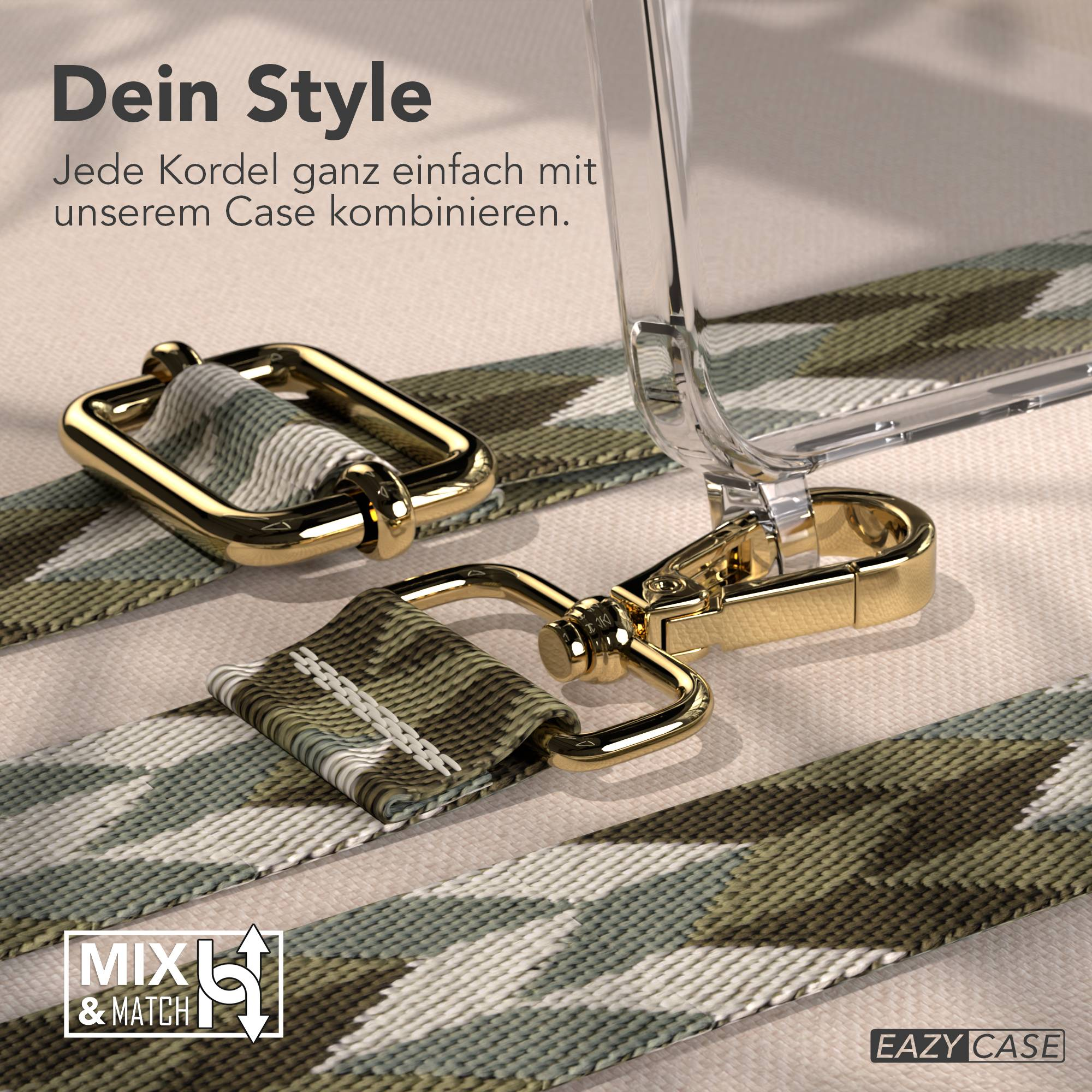 Ein silberner Karabinerhaken und eine goldene Schnalle an einem Camouflage-Gurt.