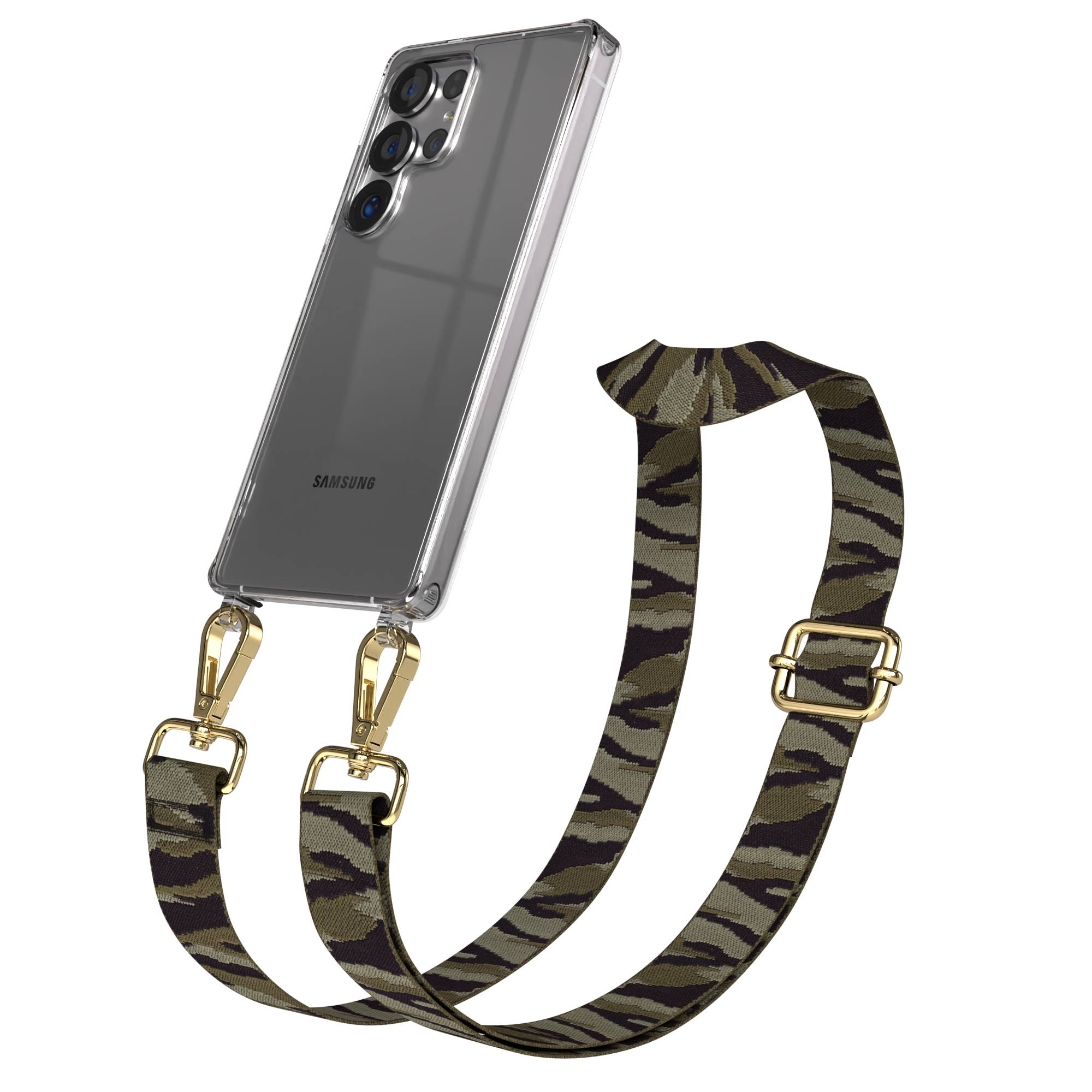 Ein transparentes Samsung-Handy mit einer Tarnfarben-Schulterkette.