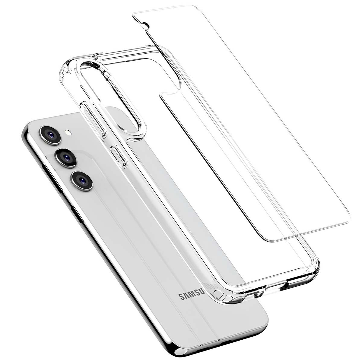 Una custodia trasparente fluttua su uno smartphone bianco con tripla fotocamera.