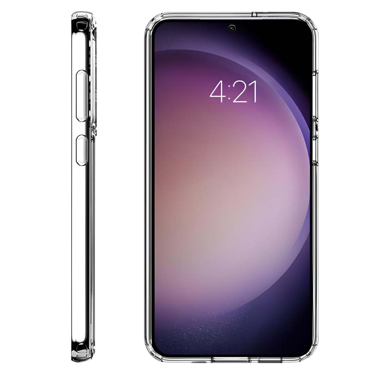 Una cover trasparente per telefono che mostra un telefono alle 4:21.