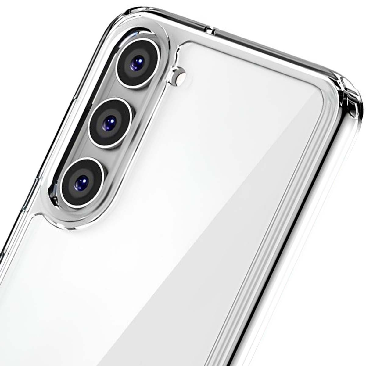 Primo piano di una custodia trasparente per telefono con tre obiettivi.
