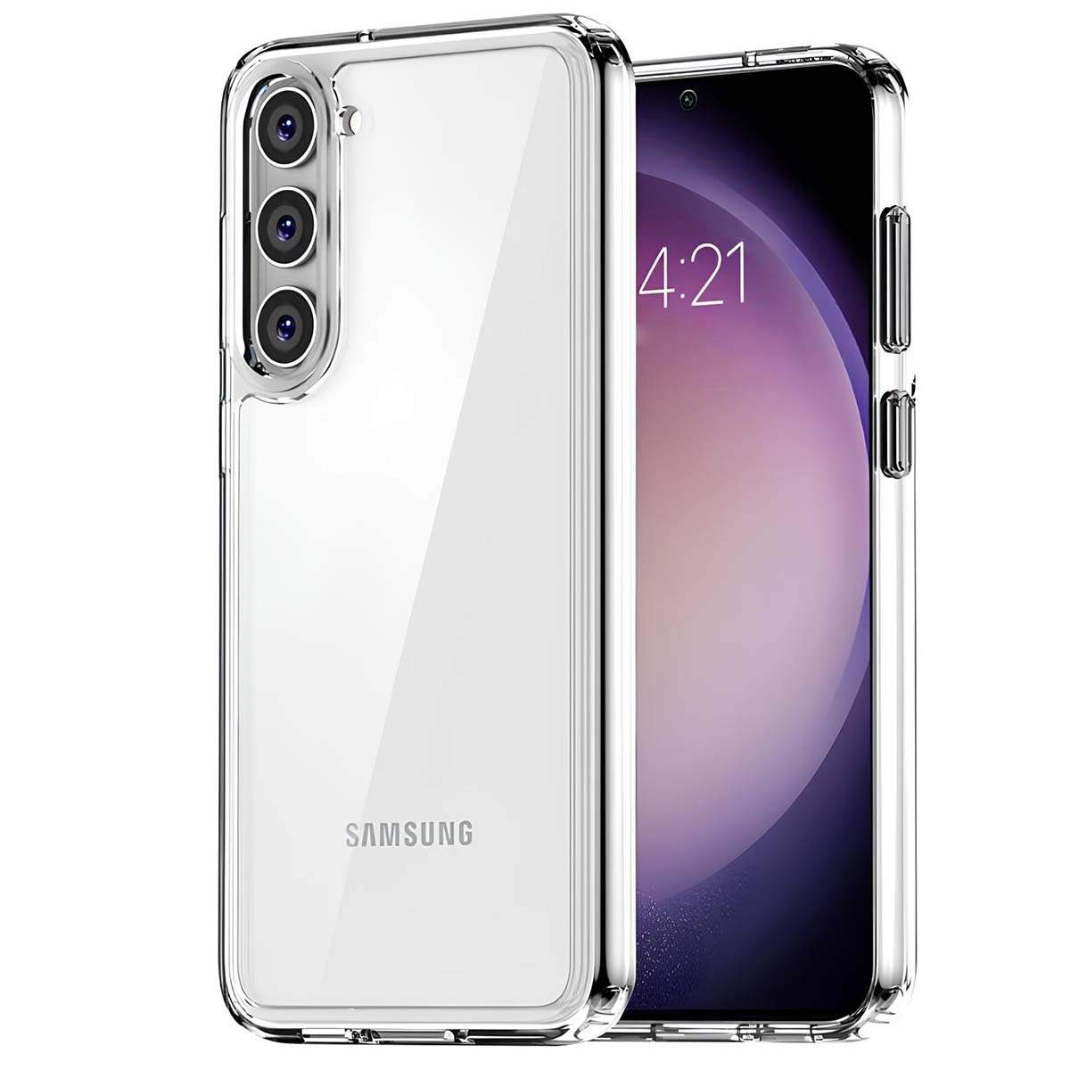 Custodia trasparente per telefono Samsung con ora 4:21.