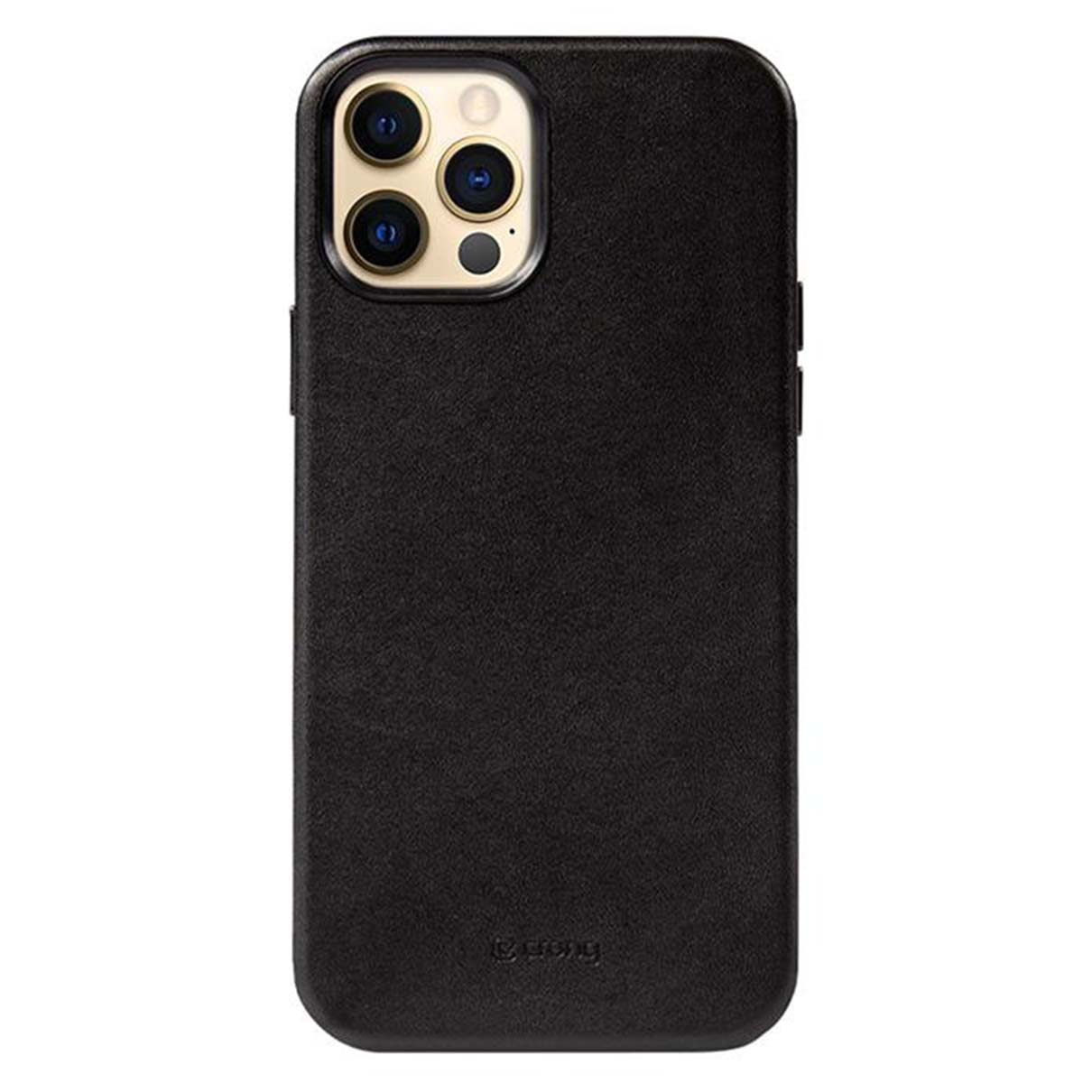 Custodia nera per telefono con tre obiettivi della fotocamera e flash su sfondo bianco.