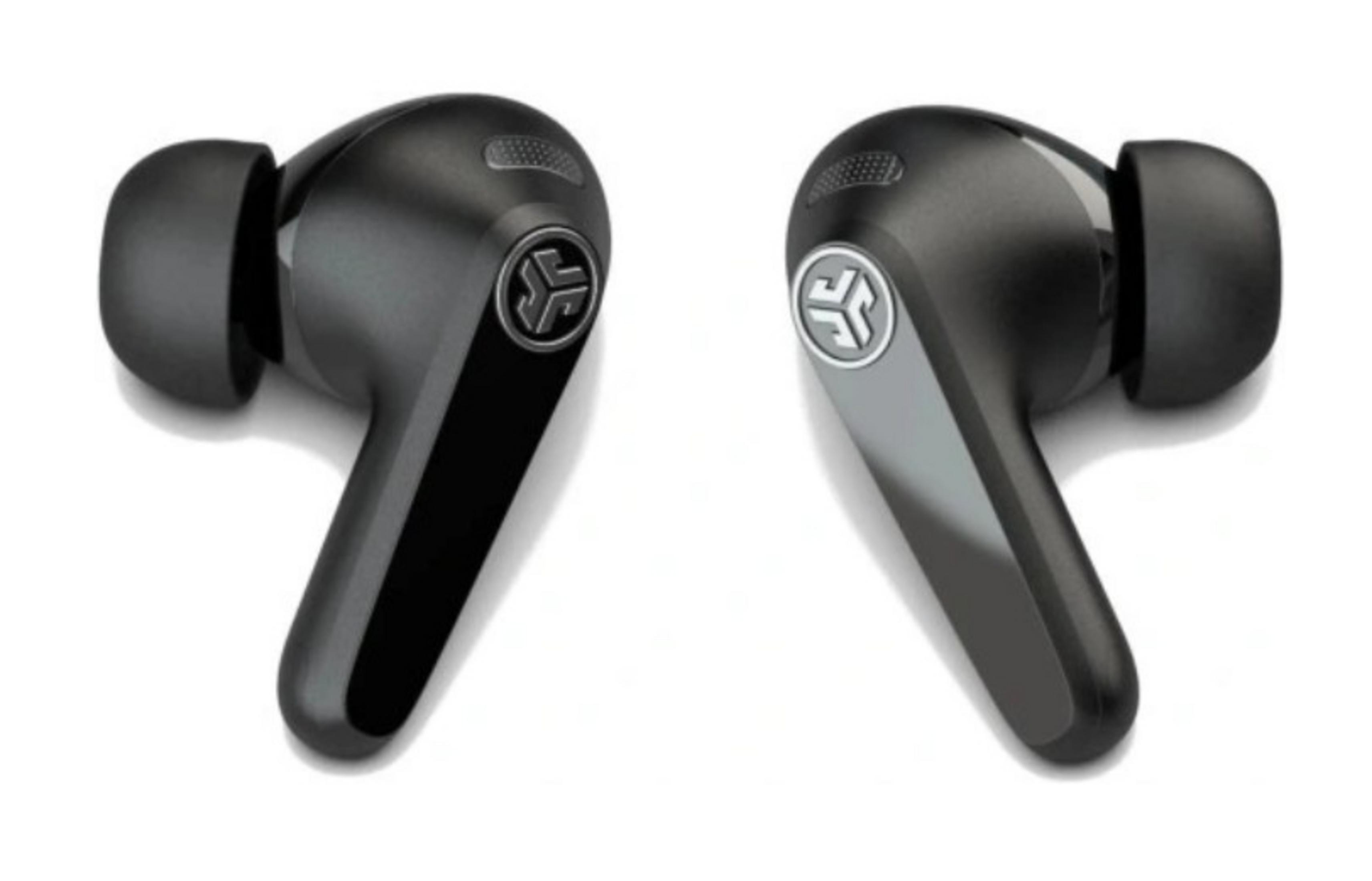 Due auricolari wireless neri con loghi argentati su sfondo bianco.