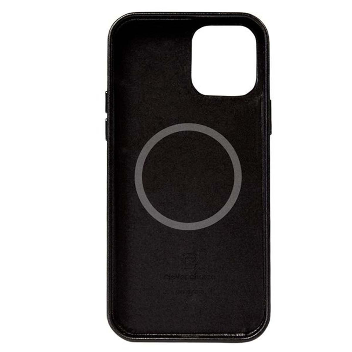 Custodia nera per telefono con anello magnetico circolare e ritaglio fotocamera. Testo visibile.