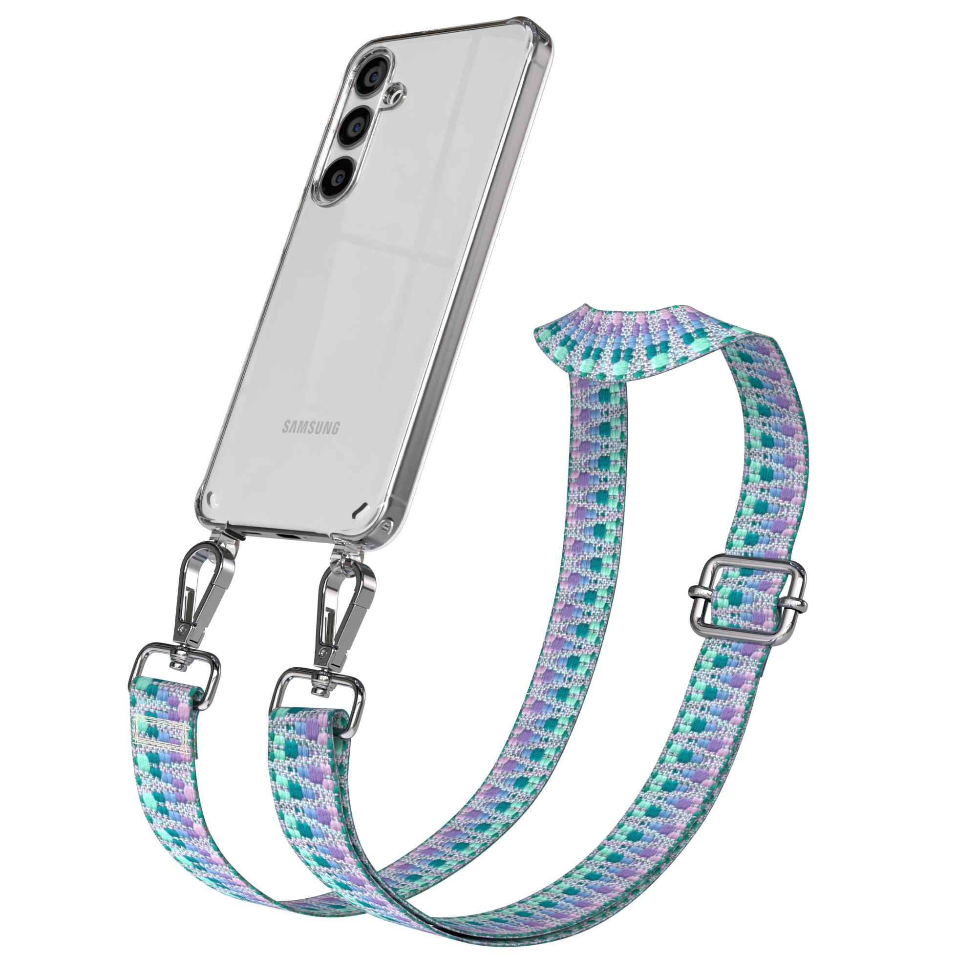 Eine durchsichtige Handyhülle mit Samsung-Logo ist an einem bunten gewebten Lanyard befestigt.