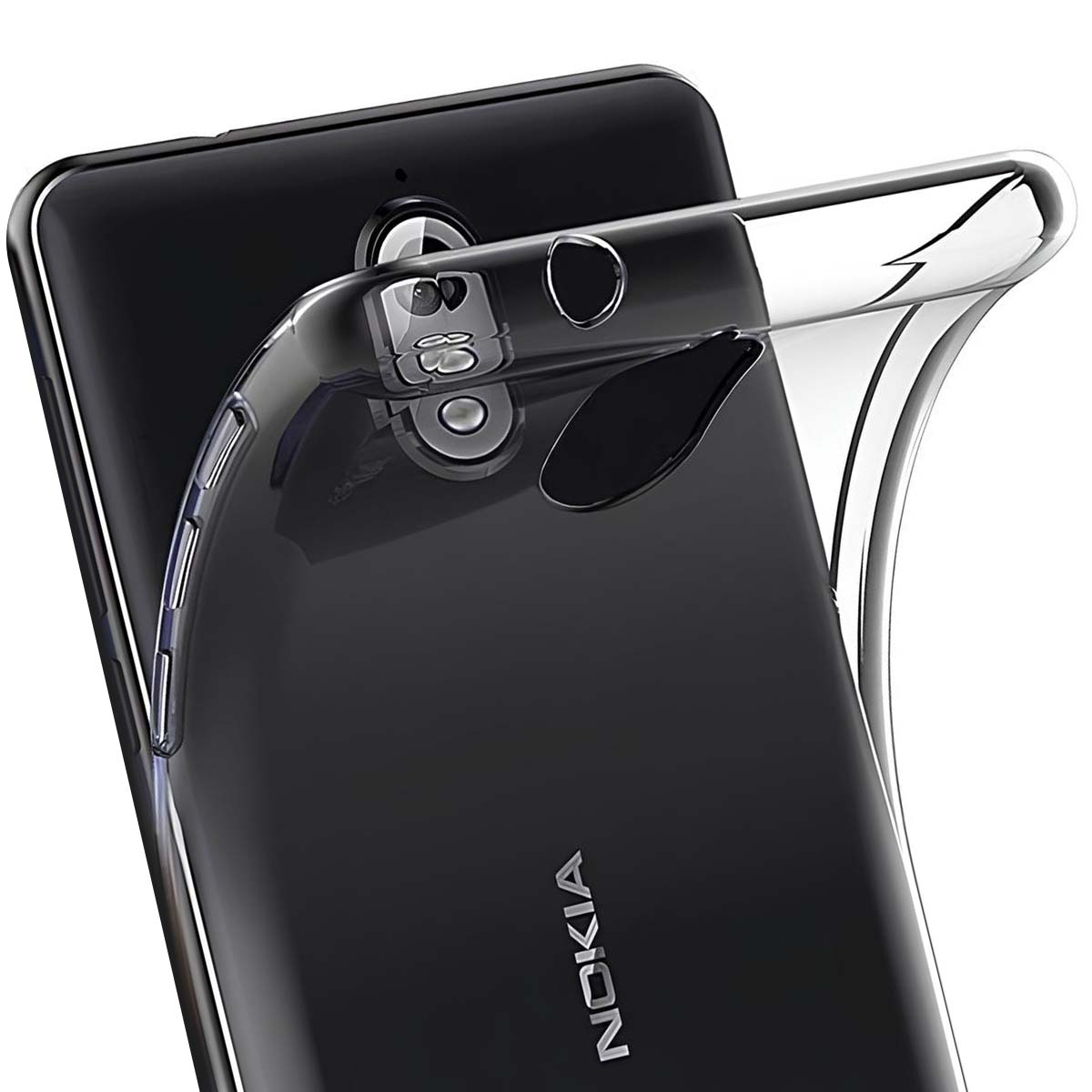 Una cover trasparente su un Nokia nero che mostra il modulo fotocamera.