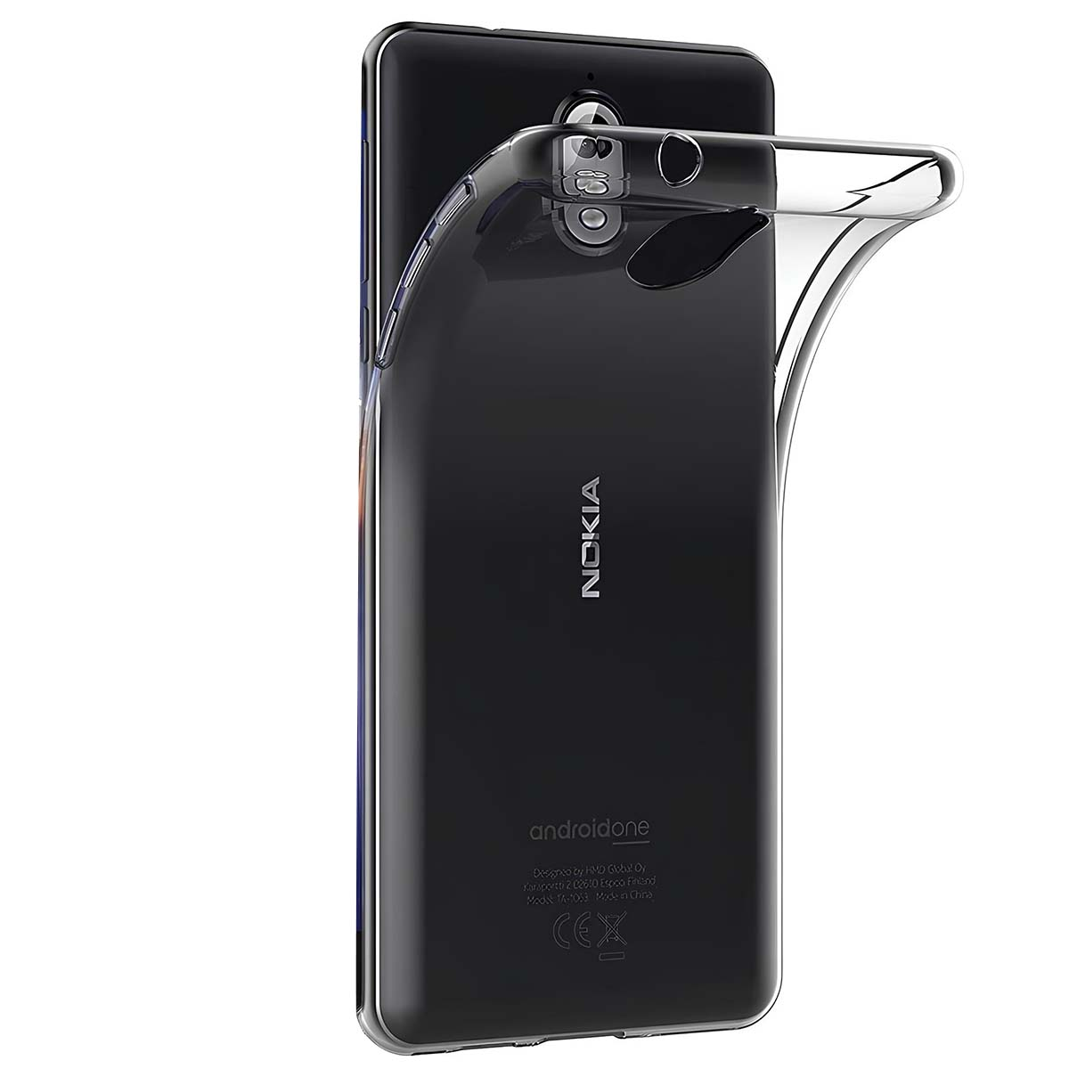 Telefono Nokia nero con custodia trasparente, mostra fotocamera e logo Android One.
