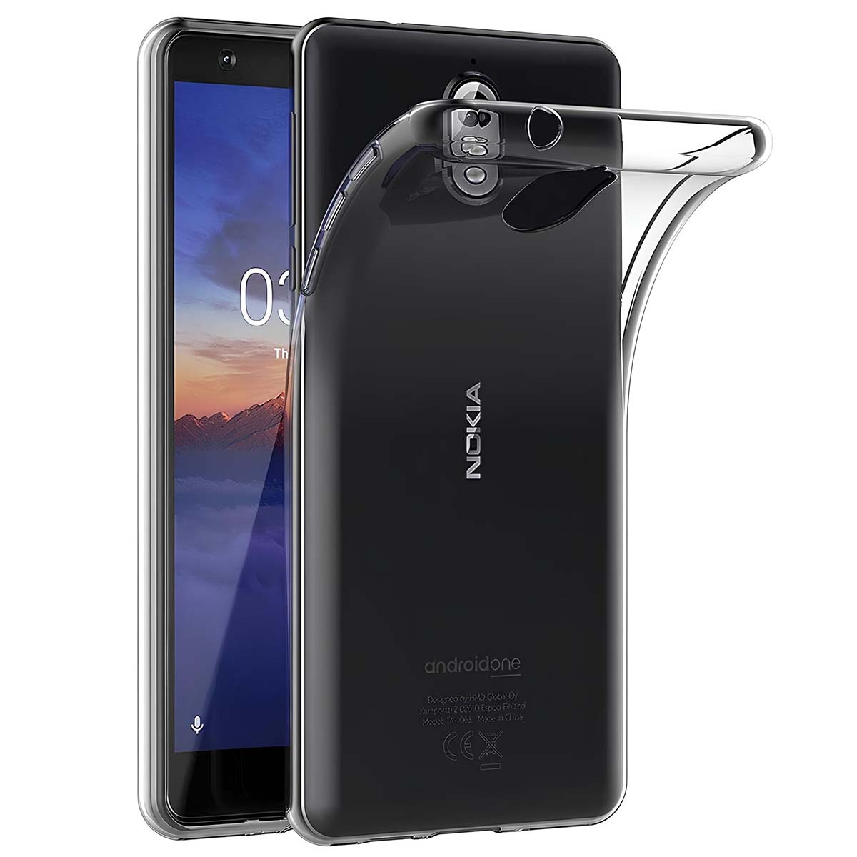 Una cover trasparente protegge uno smartphone Nokia nero con Android One.
