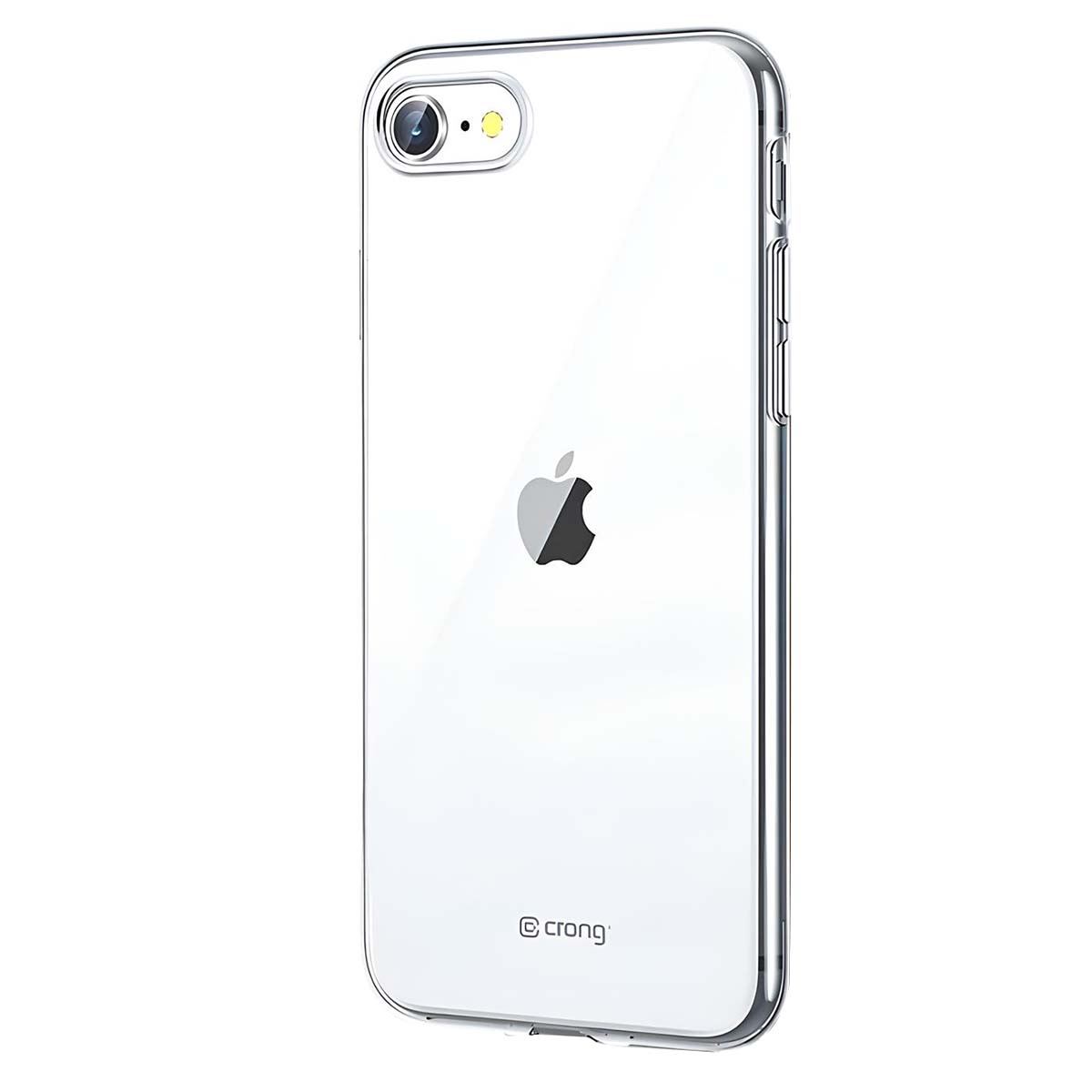 Custodia trasparente per telefono con bordo argentato e logo Apple.
