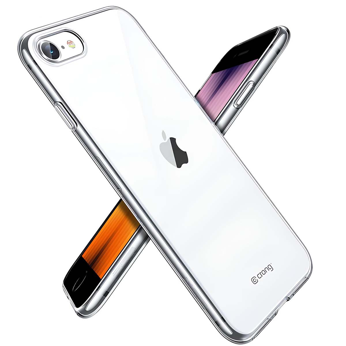 Due custodie trasparenti per iPhone sono incrociate. Una mostra il logo Apple, l'altra uno schermo colorato.