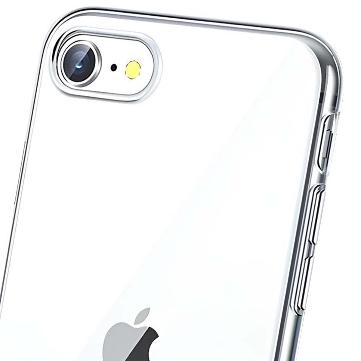 Primo piano di una custodia per telefono trasparente con logo Apple e fotocamera su sfondo bianco.