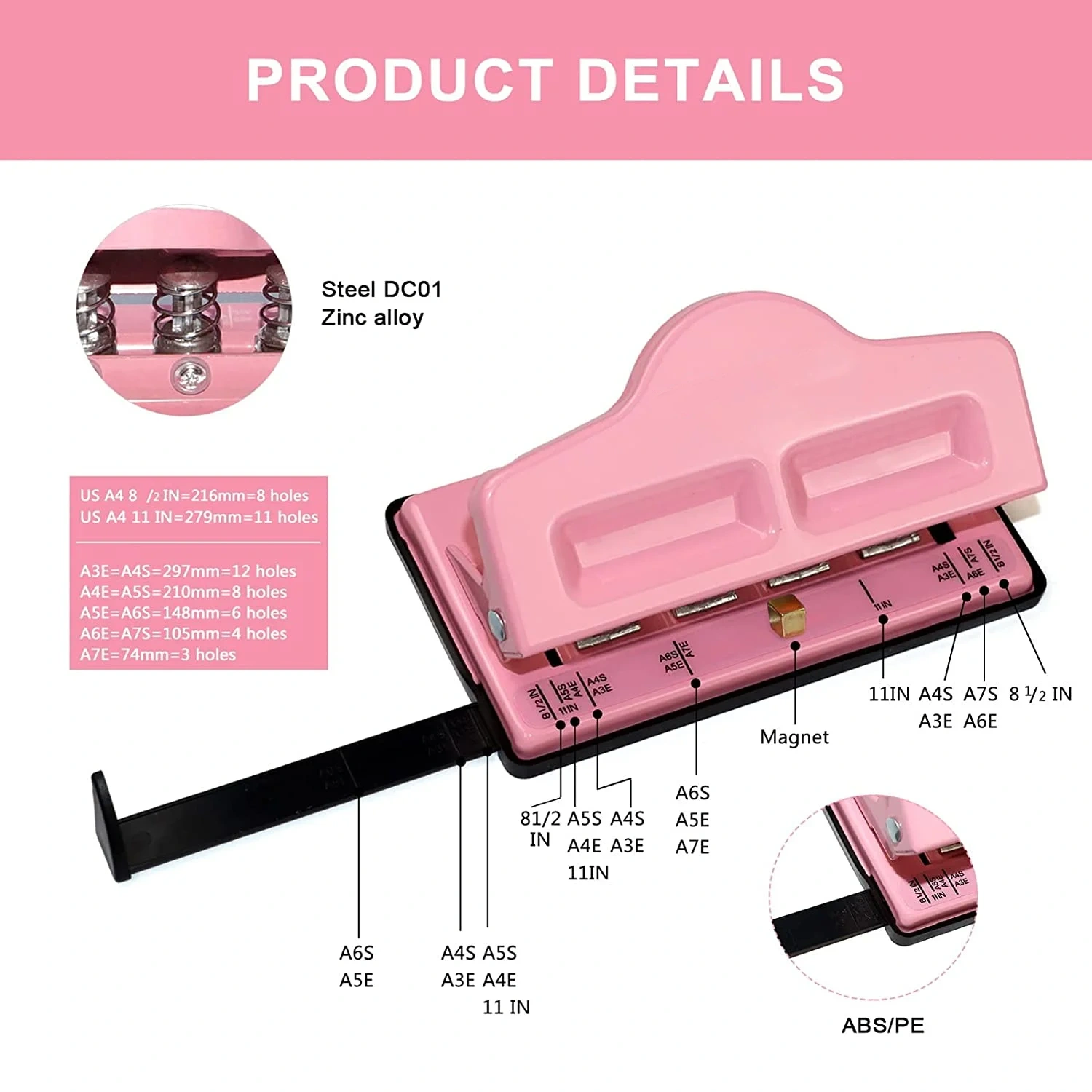 Ein rosa Locher mit schwarzen Details und Größenangaben.