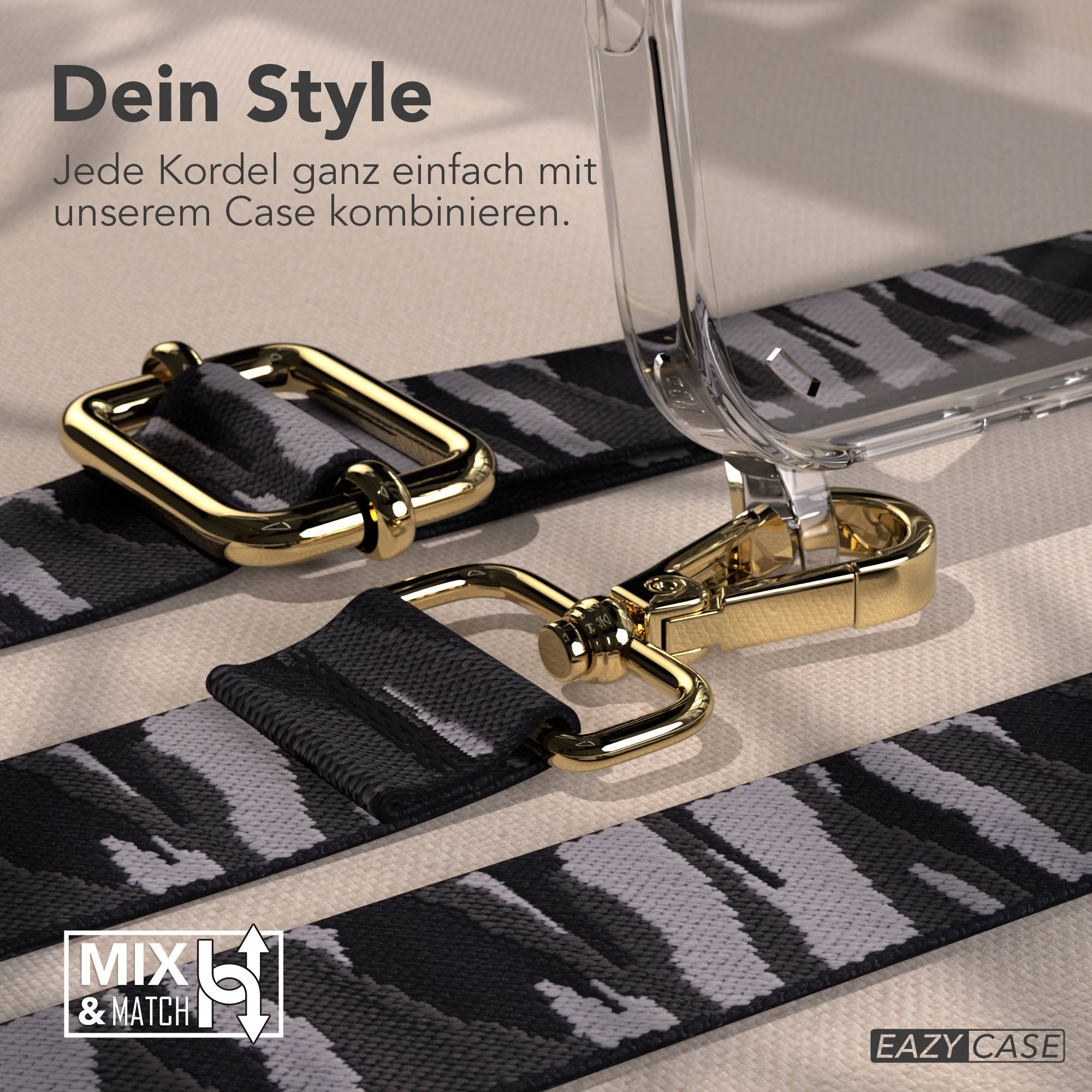 Ein klarer Handyhülle mit einem Band mit Camouflage-Muster und goldenen Beschlägen.