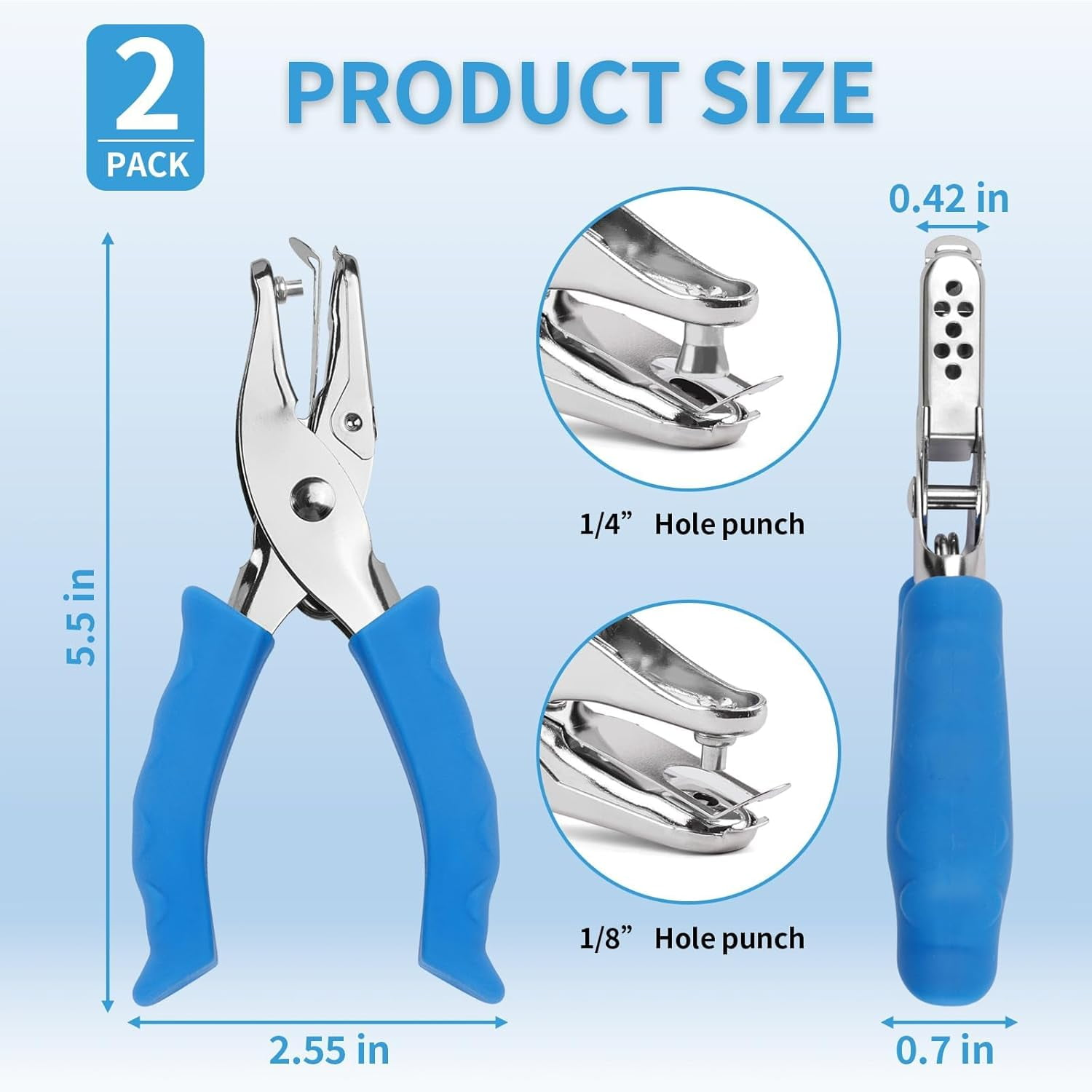 Zwei Locher mit blauen Griffen, 5,5 Zoll lang, 2,55 Zoll breit.