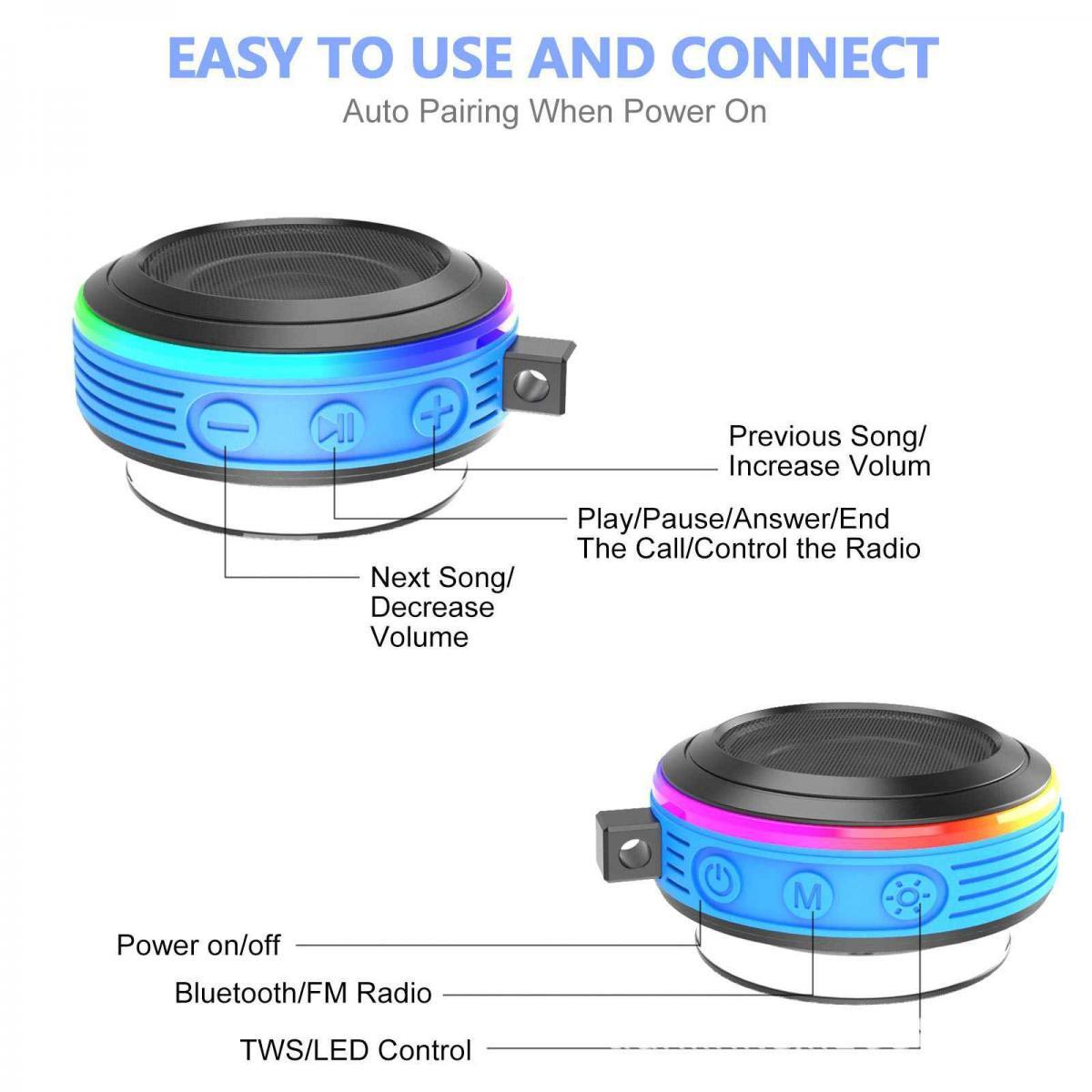 Zwei blaue Bluetooth-Lautsprecher mit farbiger Beleuchtung und Bedienelementen.