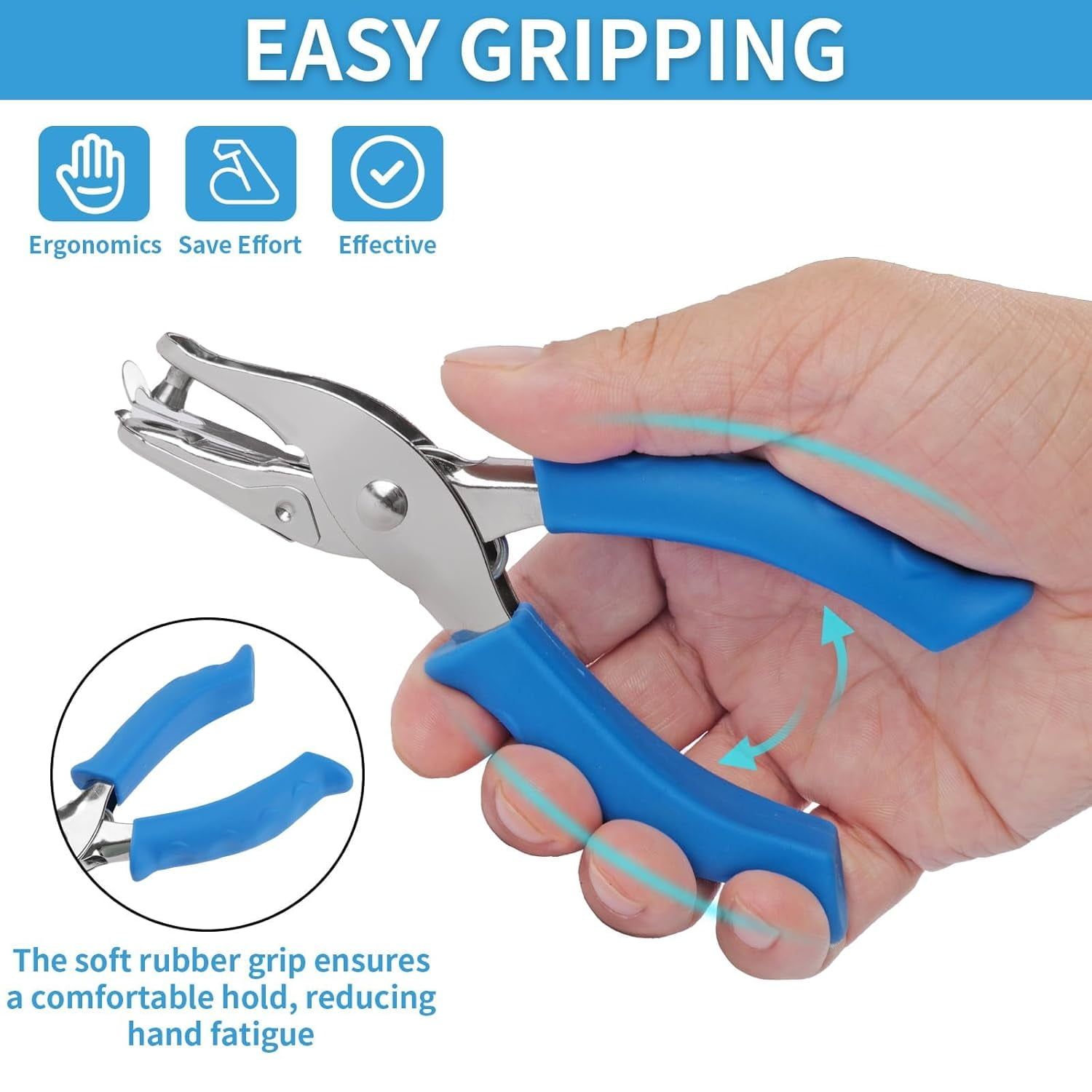 Eine Hand greift ein Werkzeug mit blauen Gummigriffen, das einfaches Greifen und Komfort zeigt.