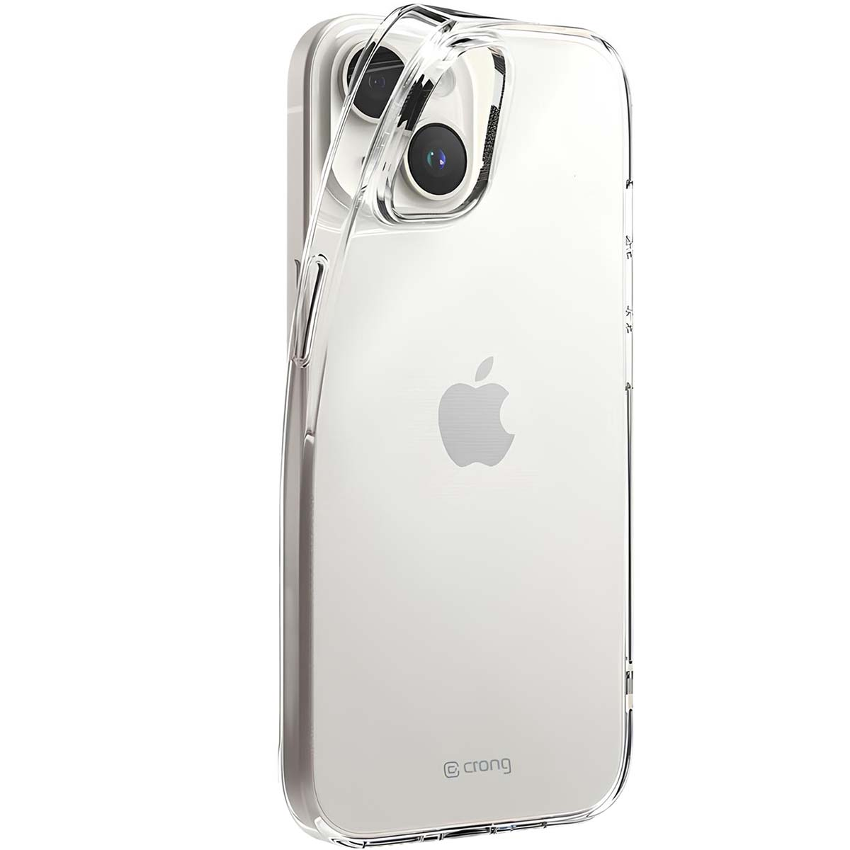 Custodia trasparente per telefono su un iPhone bianco, mostra obiettivi fotocamera e logo Apple.