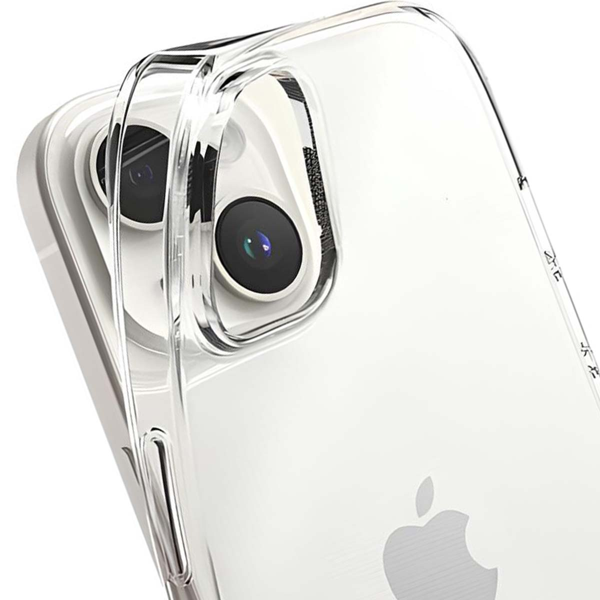 Custodia trasparente per telefono mostra due fotocamere e il logo Apple su un iPhone bianco.