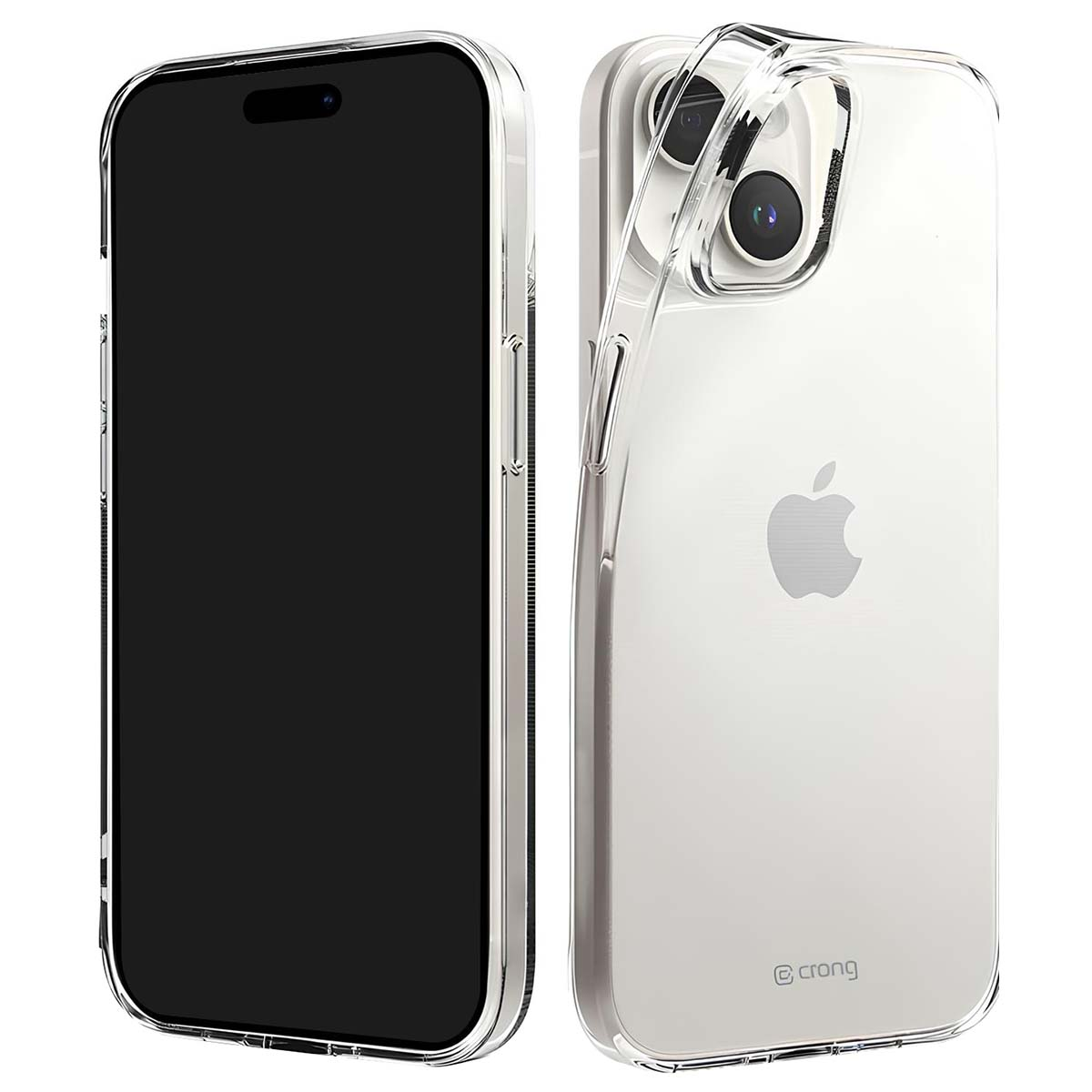 Una custodia trasparente per iPhone con bordo argentato e schermo nero.