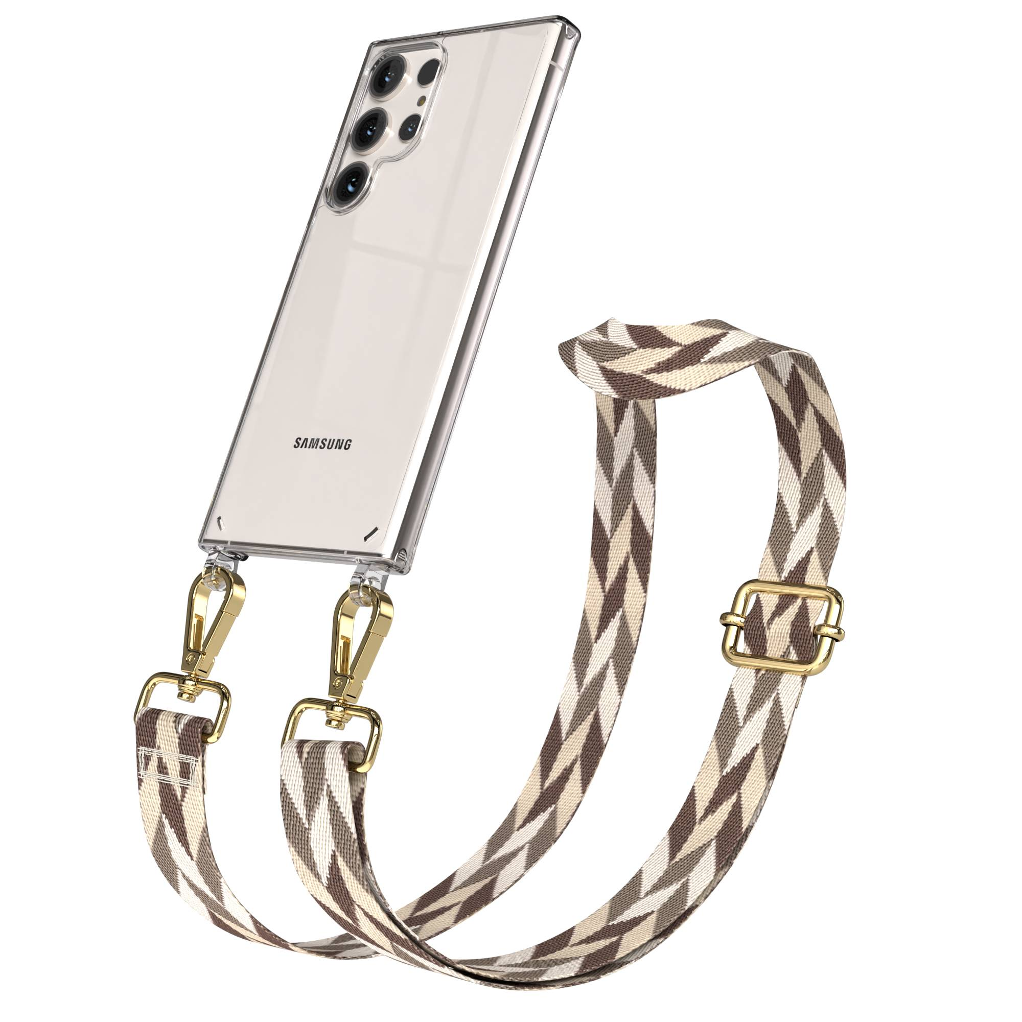 Ein Samsung-Handy in einer durchsichtigen Hülle mit einem gemusterten Umhängeband.