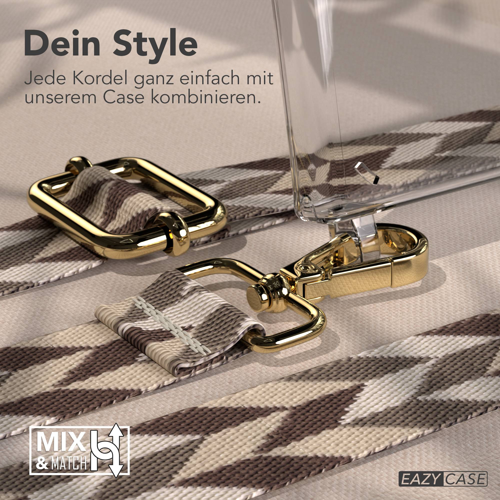 Goldene Verschlüsse und ein gemustertes Band verbinden sich mit einer klaren Handyhülle.