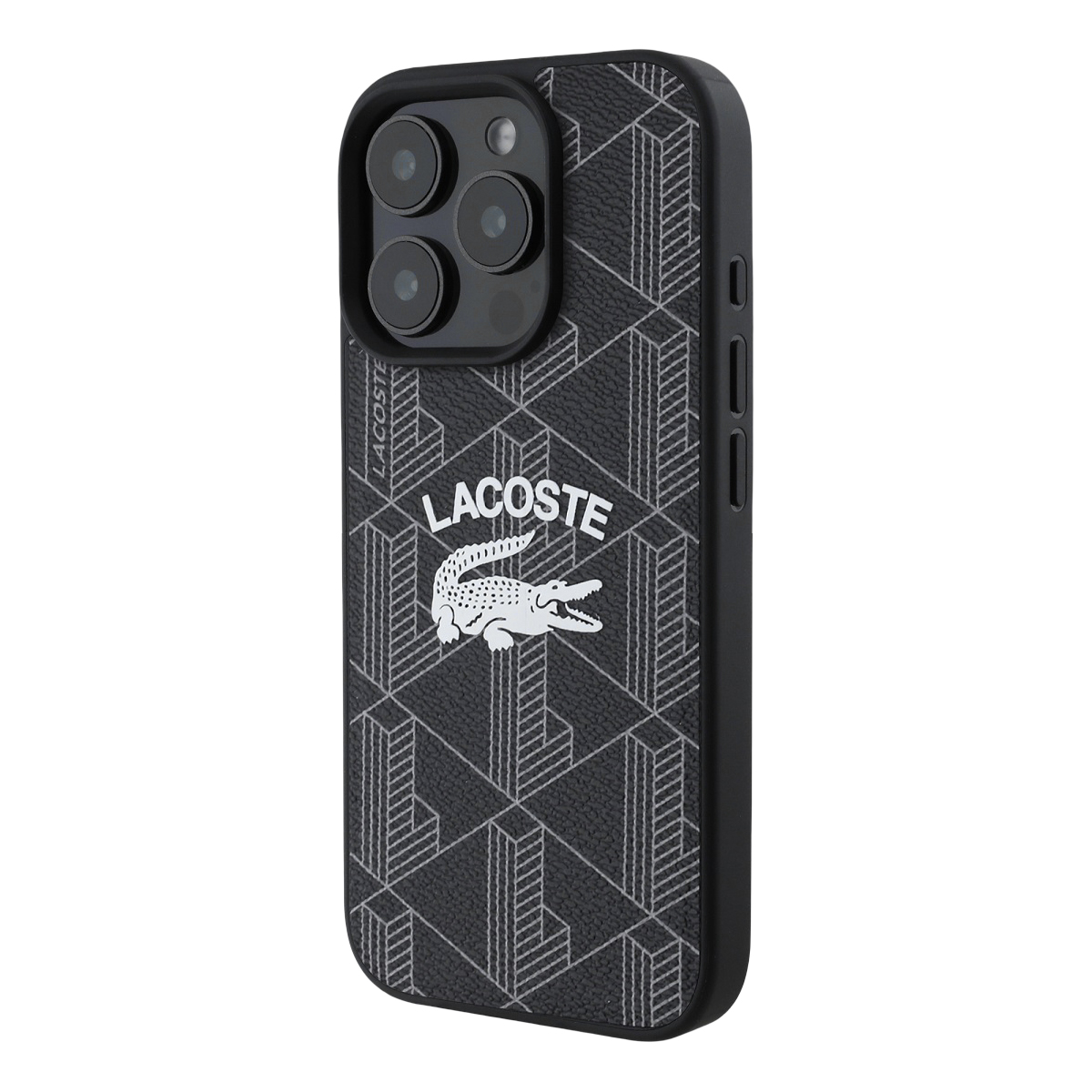 Custodia nera per iPhone con motivo geometrico e logo Lacoste bianco.