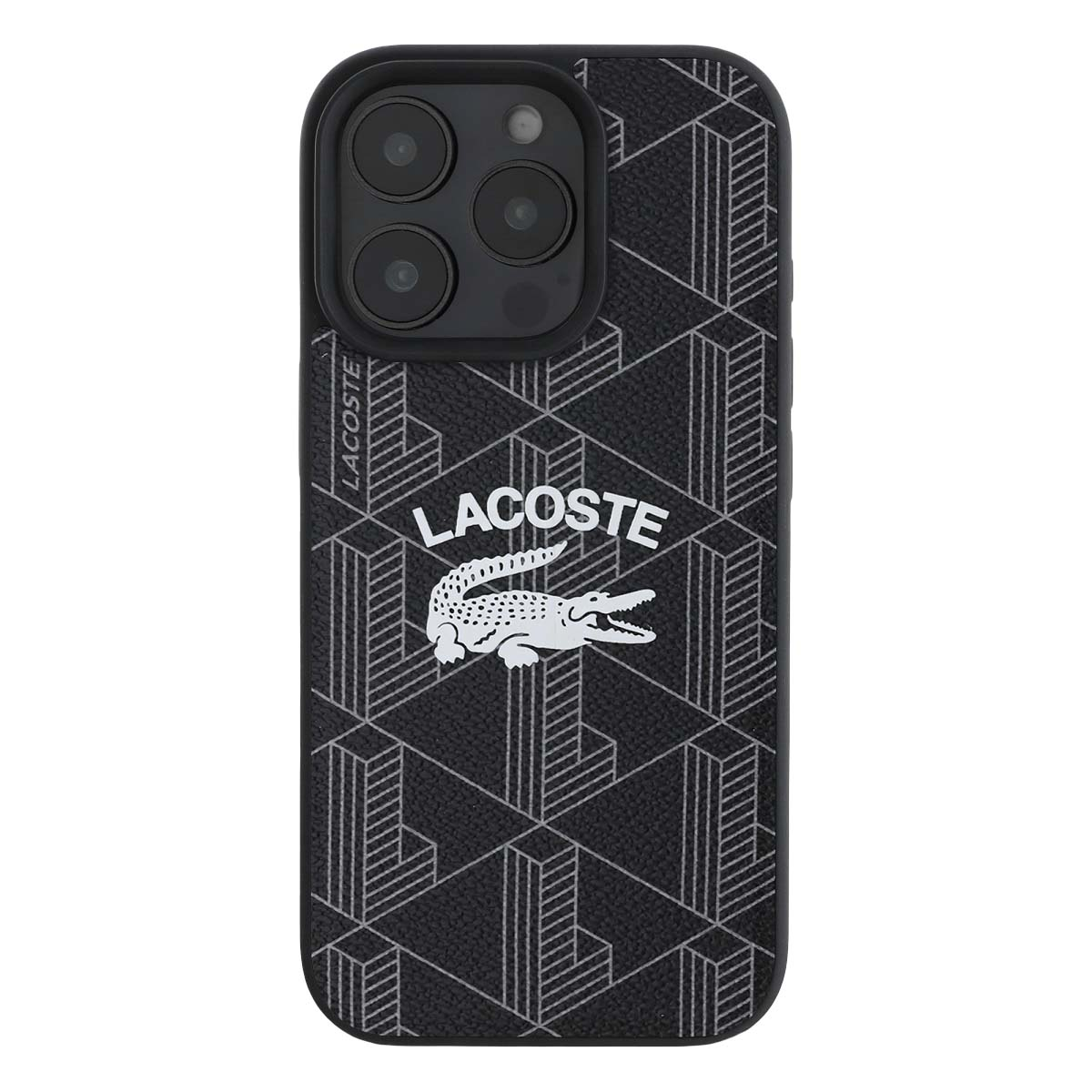 Custodia nera per iPhone con motivo geometrico e logo bianco Lacoste e coccodrillo.