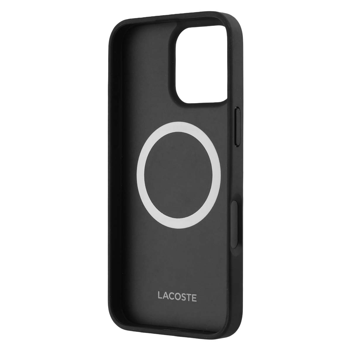 Custodia nera per telefono con cerchio bianco e logo Lacoste sul retro.
