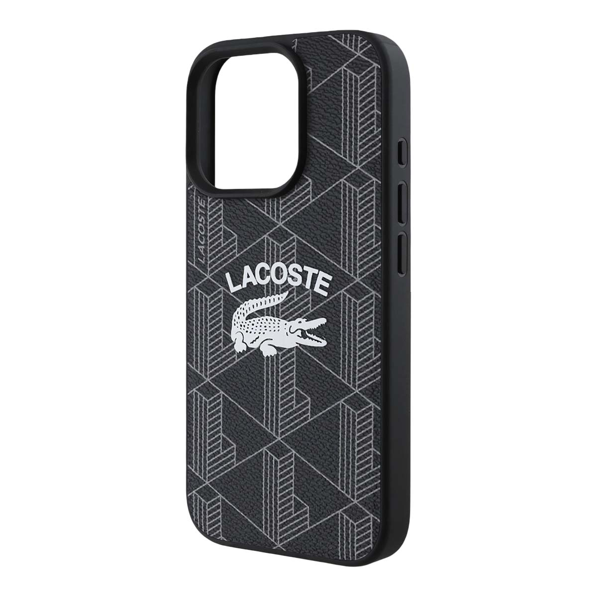 Custodia nera Lacoste per telefono con motivo geometrico e logo coccodrillo bianco.