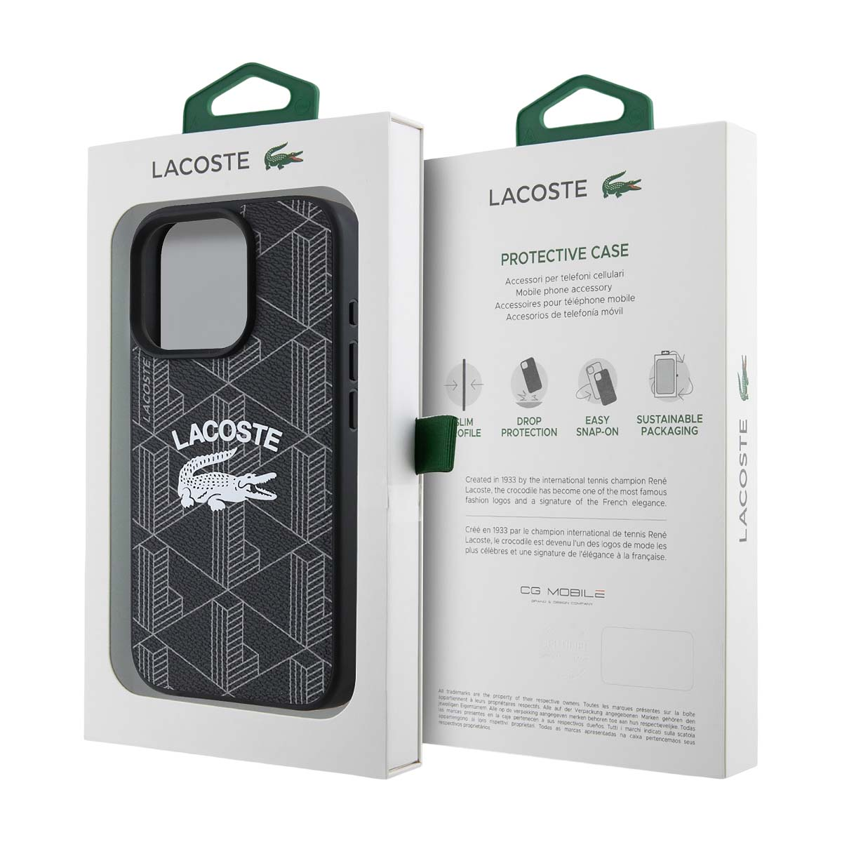 Custodia Lacoste con logo coccodrillo e motivo geometrico.