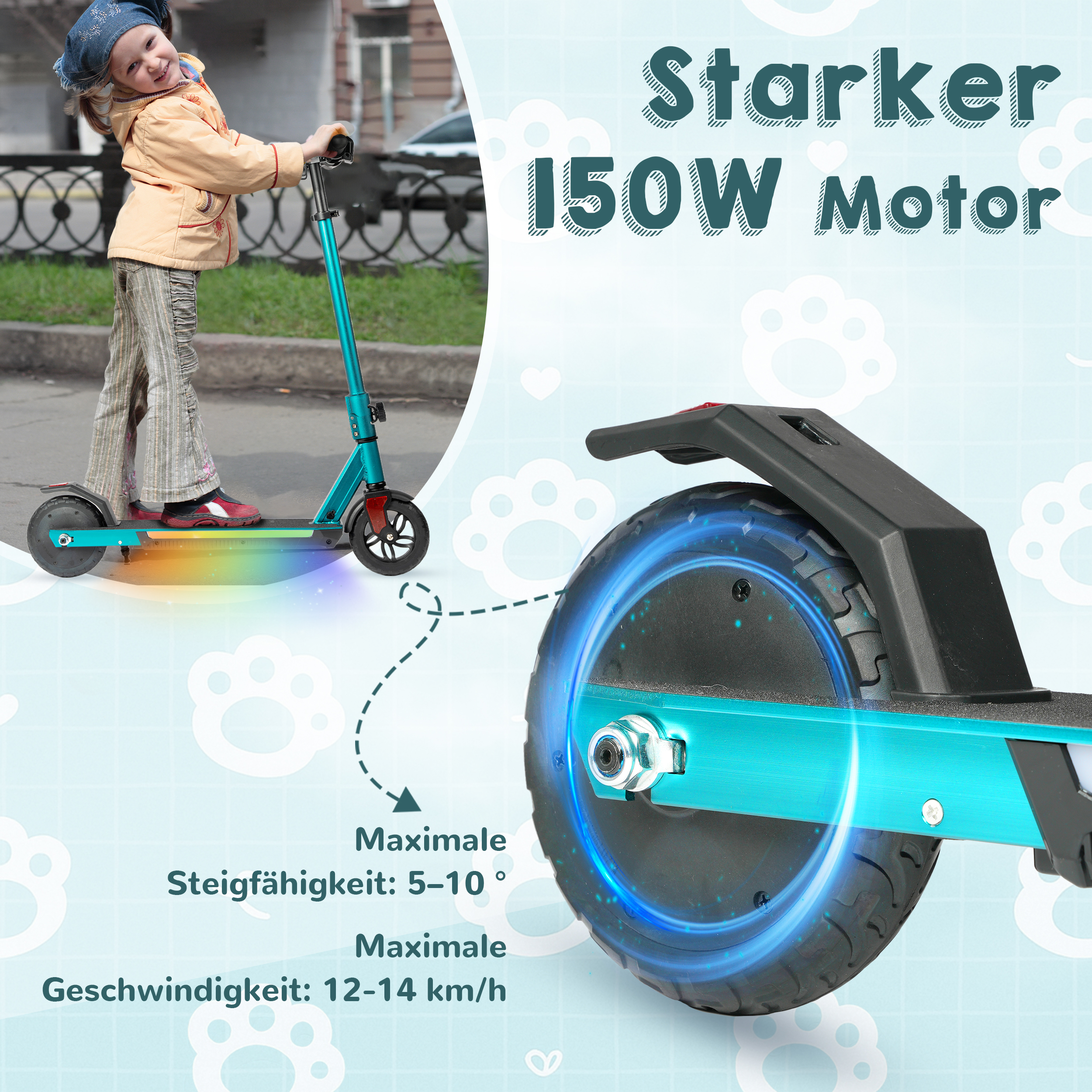 Ein Mädchen fährt einen blauen Elektroroller mit Regenbogenlichtern und einem 150W Motor.