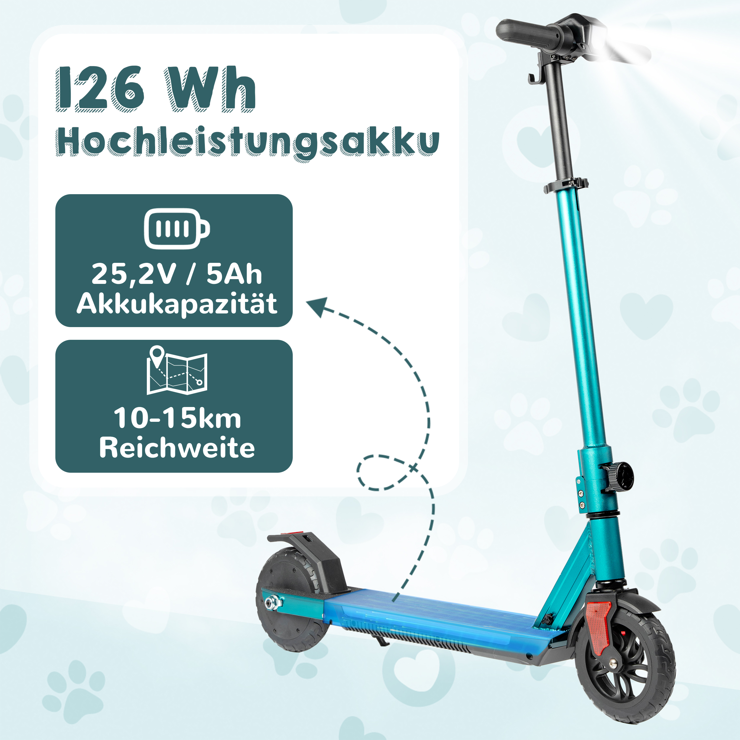Türkiser Elektroroller mit 126Wh Akku, 25,2V/5Ah Kapazität, 10-15km Reichweite.