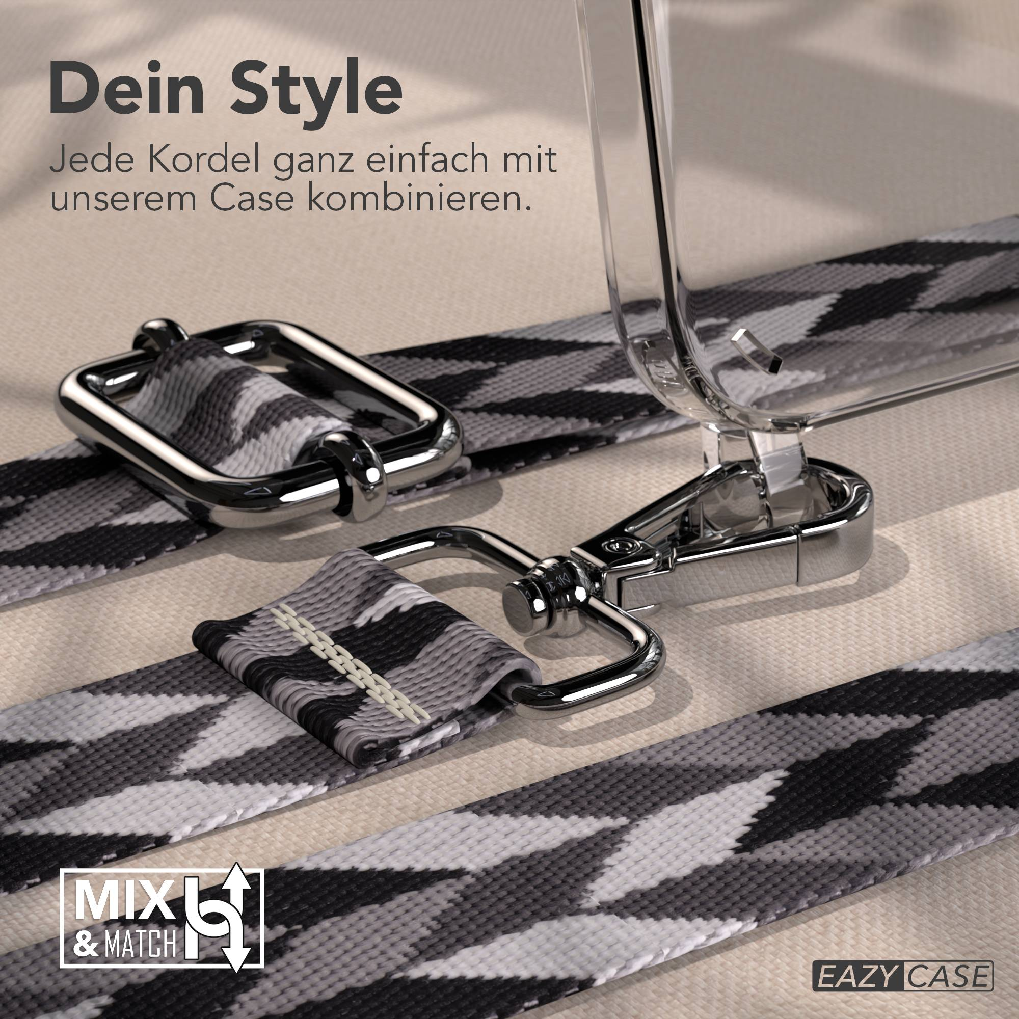 Eine Handyhülle mit grau-weiß gemustertem Riemen und Metallclip.