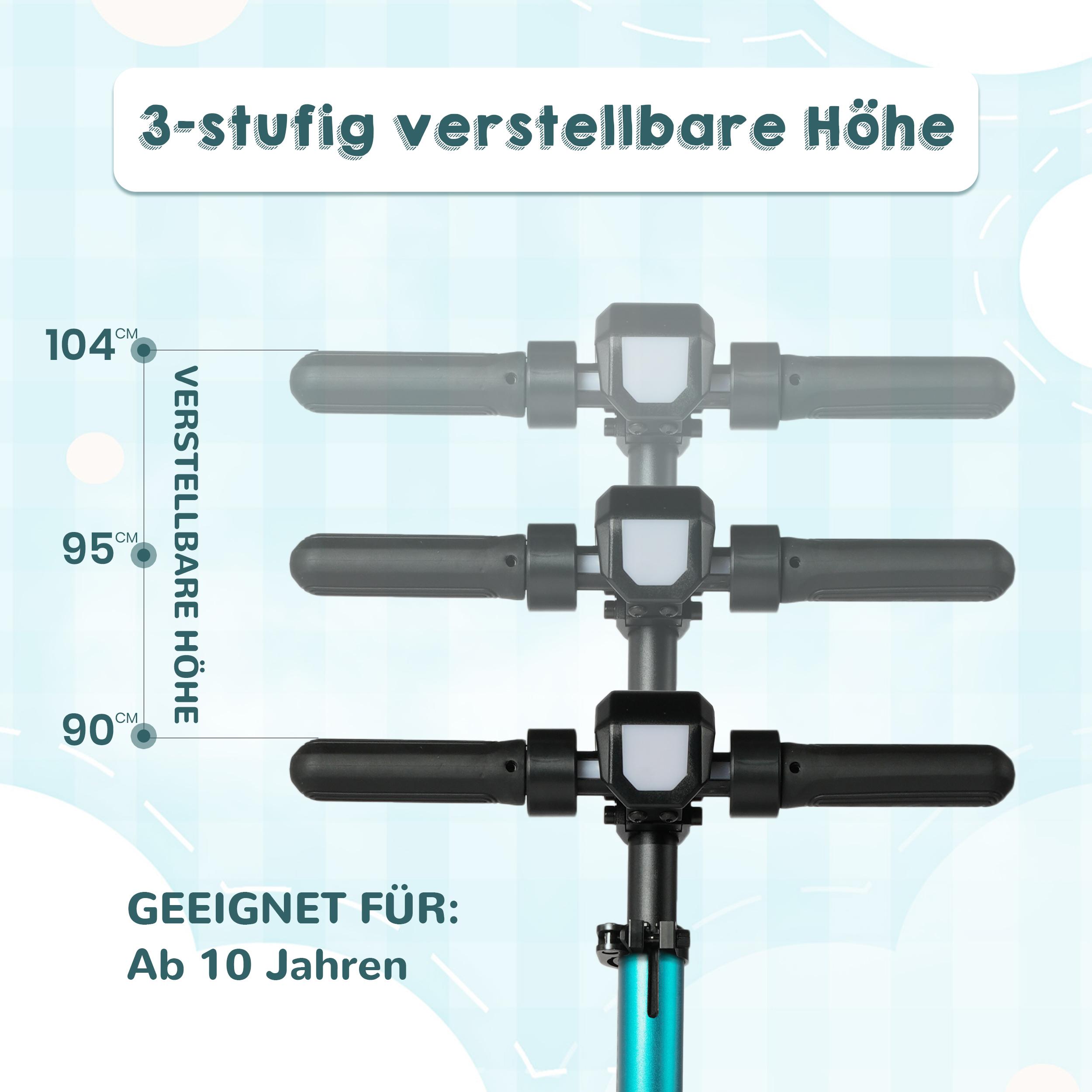 Rollerlenker in 3 Höhen: 90, 95, 104 cm. Geeignet ab 10 Jahren.