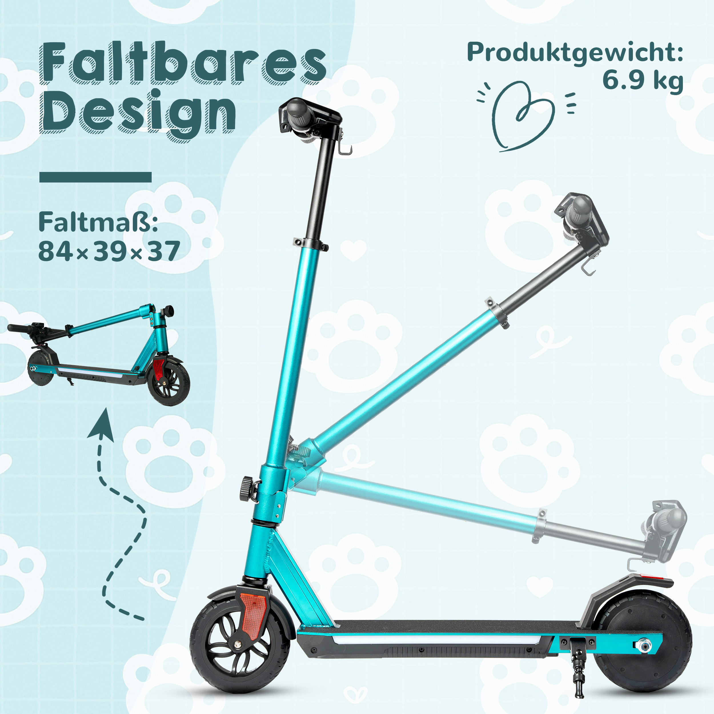 Ein türkisfarbener Roller mit faltbarem Design, 6,9 kg. Maße 84x39x37.