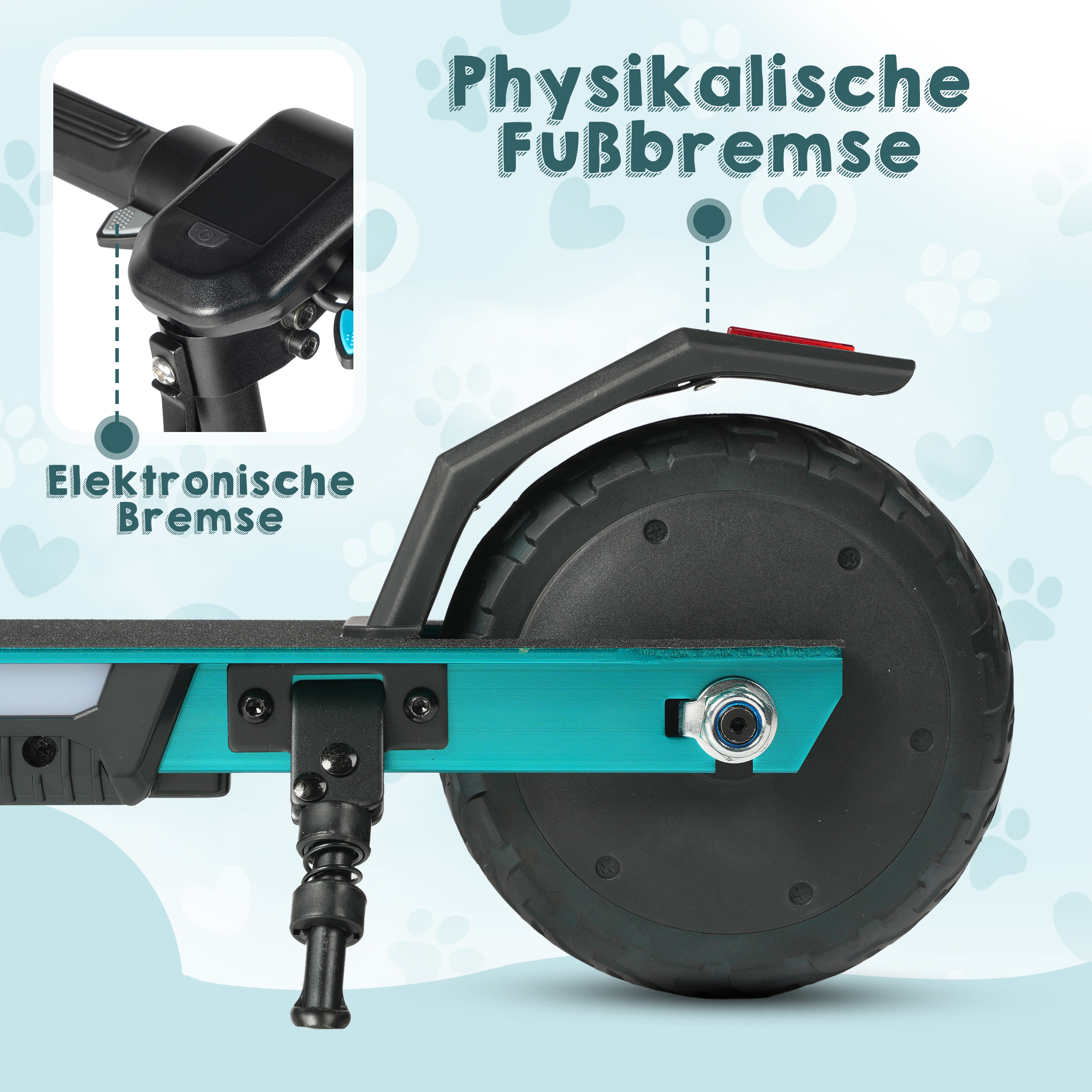 Elektrische und physische Bremse eines türkisfarbenen Rollers.