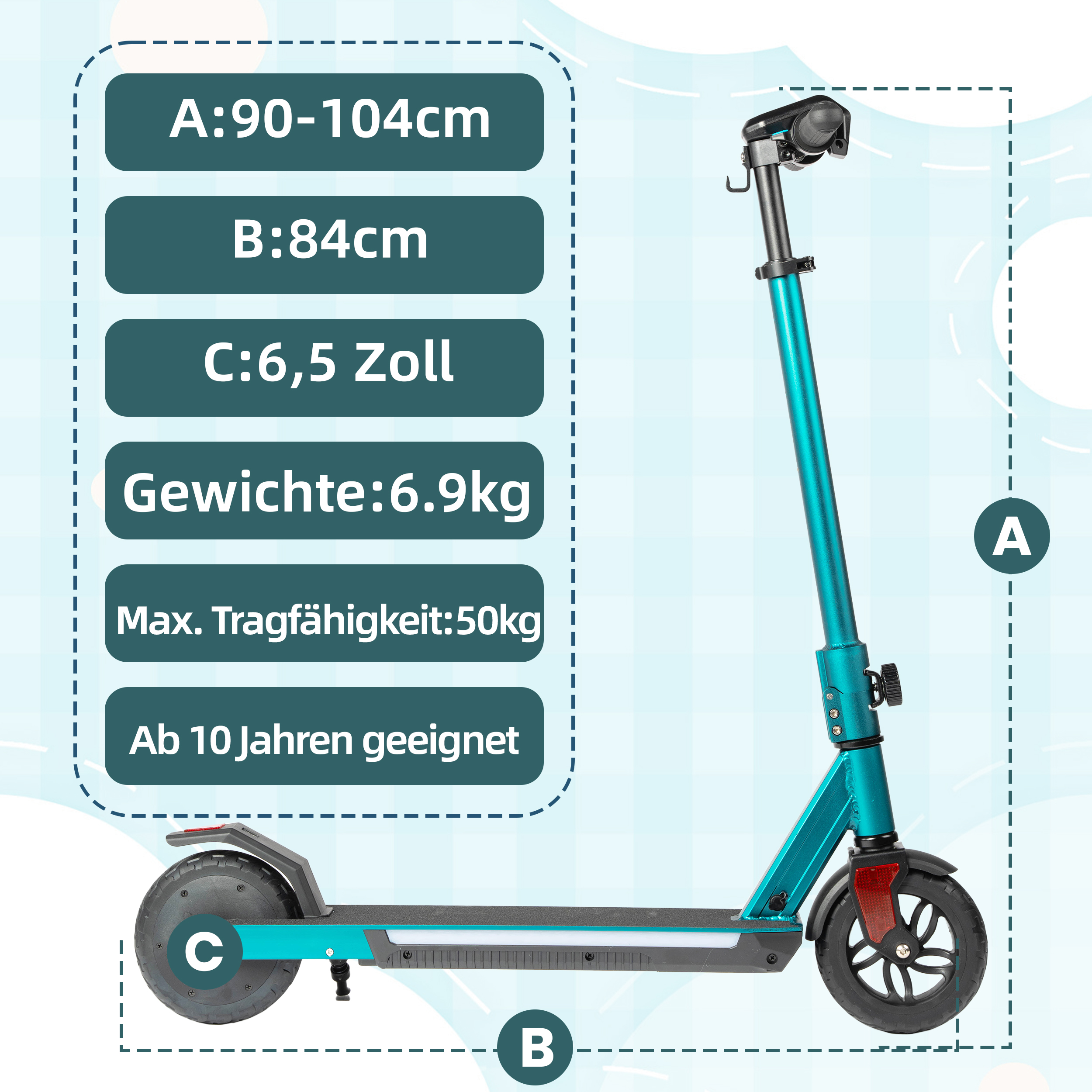 Ein teal-farbener Elektroroller mit Maßen und Spezifikationen. Geeignet ab 10 Jahren.