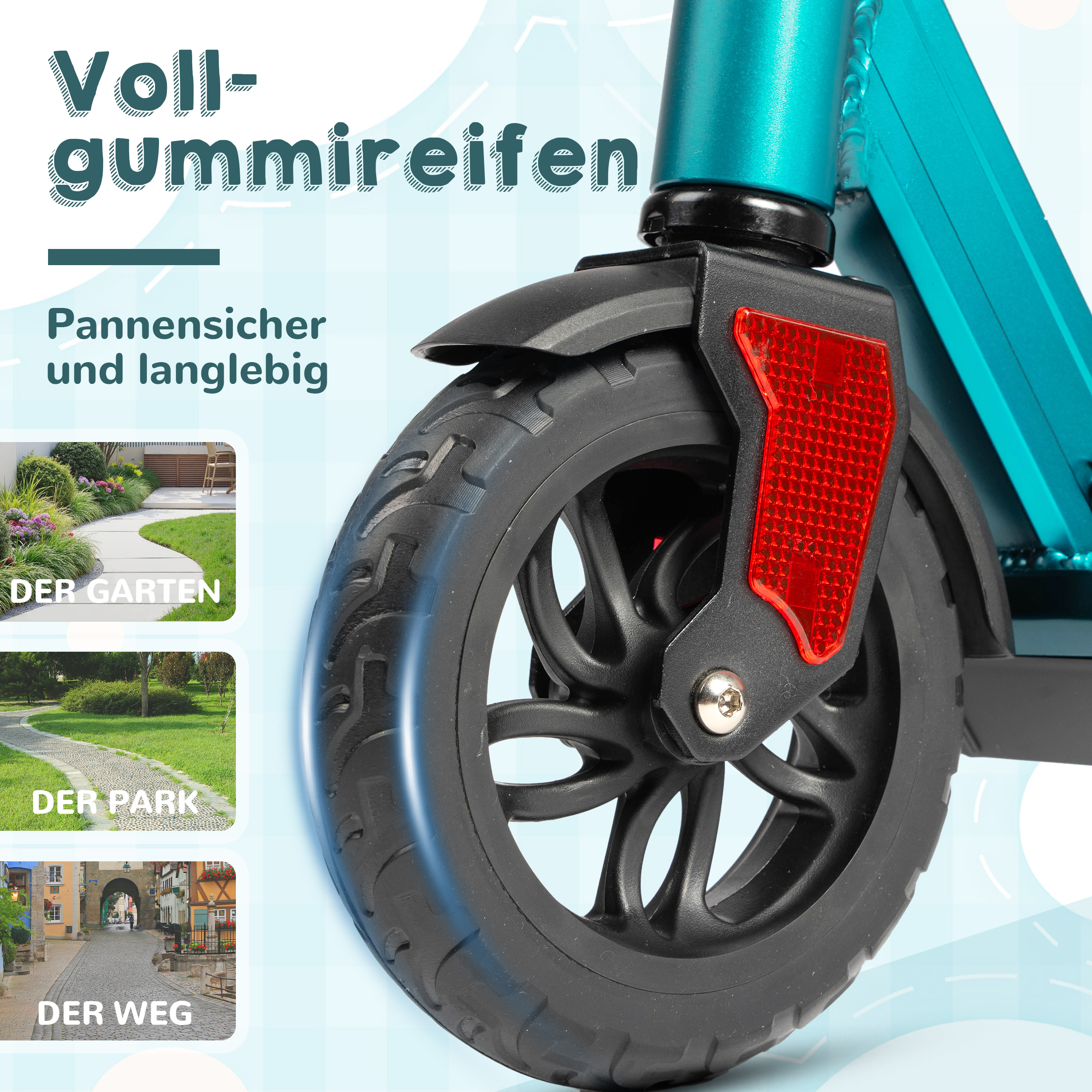 Türkiser Rollerreifen Nahaufnahme mit rotem Reflektor und Profil.