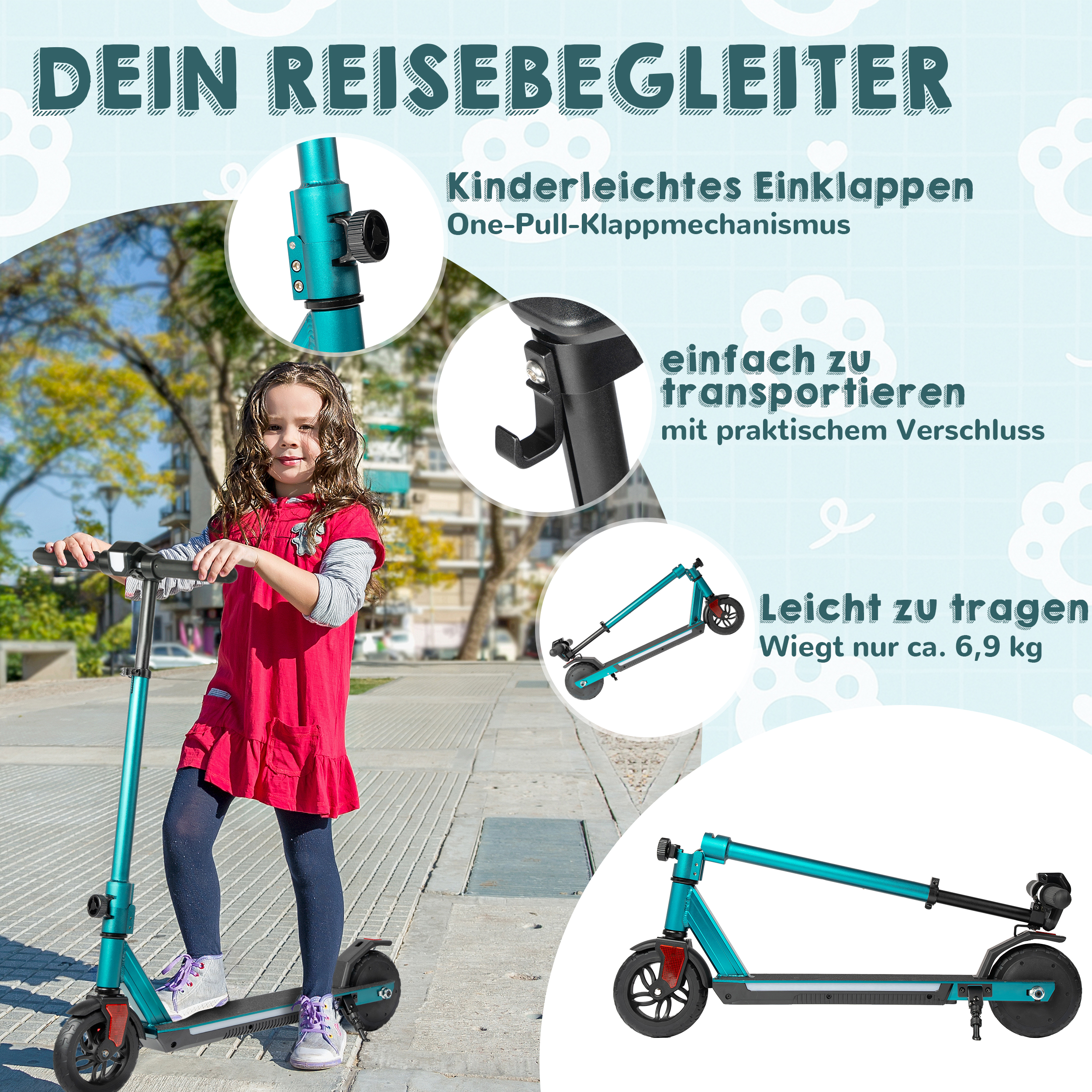 Ein junges Mädchen steht auf einem türkisfarbenen Roller. Text hebt die einfachen Funktionen hervor.