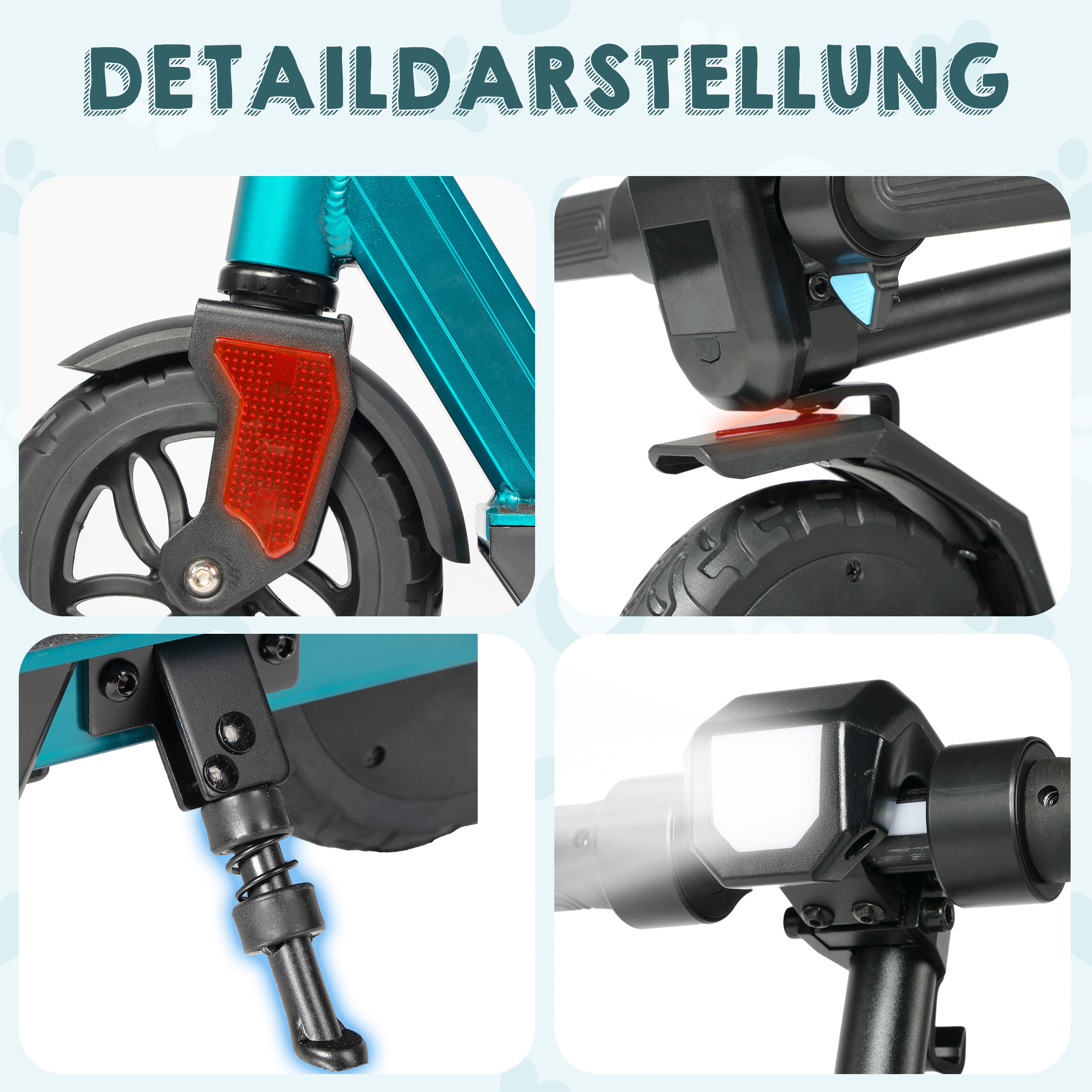 Nahaufnahme eines teal E-Scooters: Vorderrad mit Schutzblech und Reflektor, Ständer und beleuchtetem Scheinwerfer.