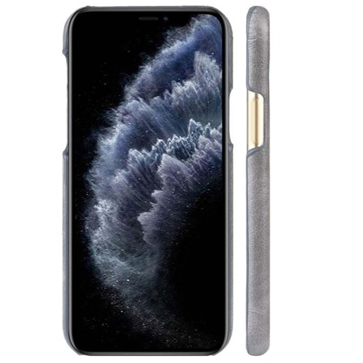 Telefono grigio con sfondo tempestoso e una custodia grigia accanto.